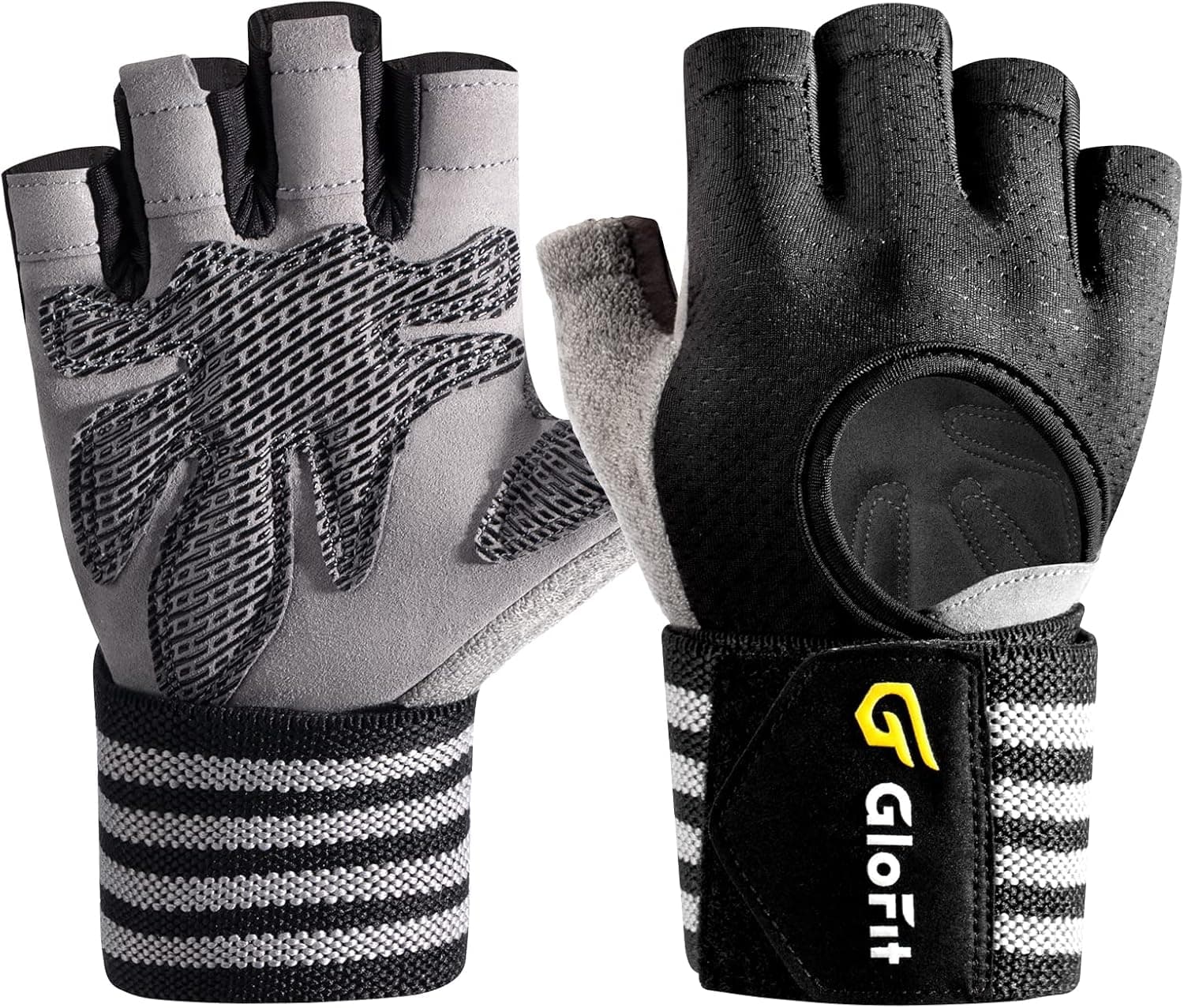Glofit Workout Gloves with Wrist Wrap Support for Men & Women, Weight Lifting Gloves Anti-Slip Padded Palm Fingerless Exercise Glove for Powerlifting, Gym, Training