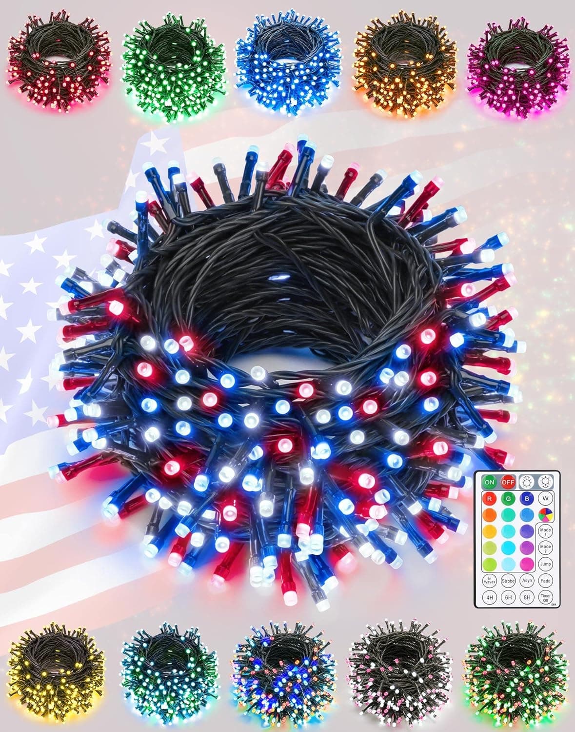 4th of July Decorations RGB 105 Ft 300 LED Color Changing String Lights with Remote Control/Timing Function/Christmas Lights for Halloween, Christmas Decor, Garden, Party, Xmas Decorations