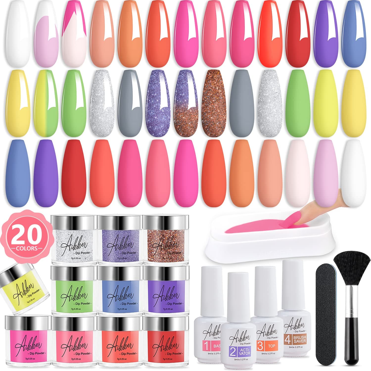 Aikker 27 Pcs Fast Dry Dip Powder Nail Kit Starter 20 Colors Nail Dip Powder Kit with Essential Liquid Set and Dip Recycling Tray Nail File Tools for Nail Art Salon Home DIY Graduation Gift AK41