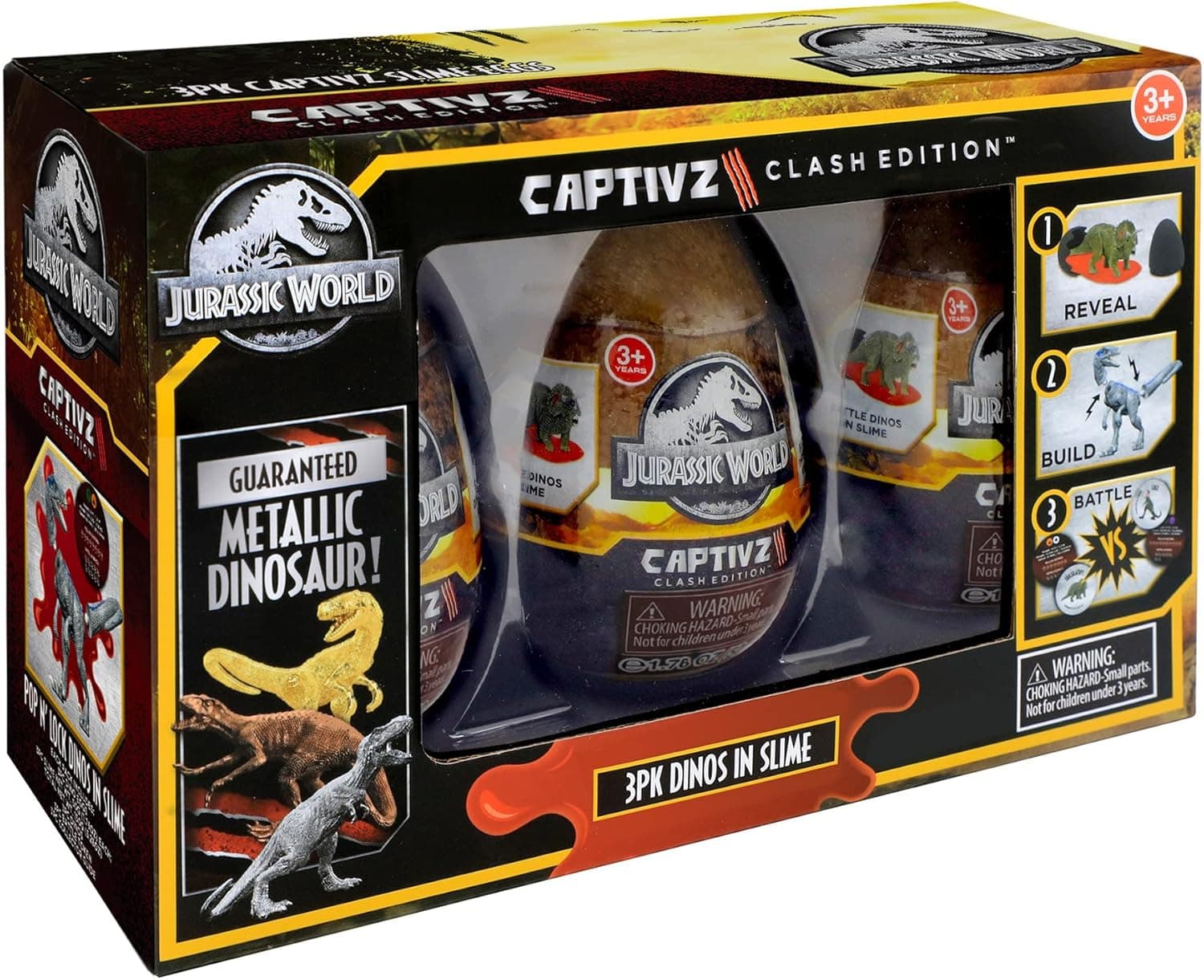 Jurassic World Captivz Slime Eggs 3 Pack Clash Edition – Pop N Lock Dinosaurs – Lava Slime – Build and Battle – 30 Species to Collect – Exclusive Rare Dinosaur Included