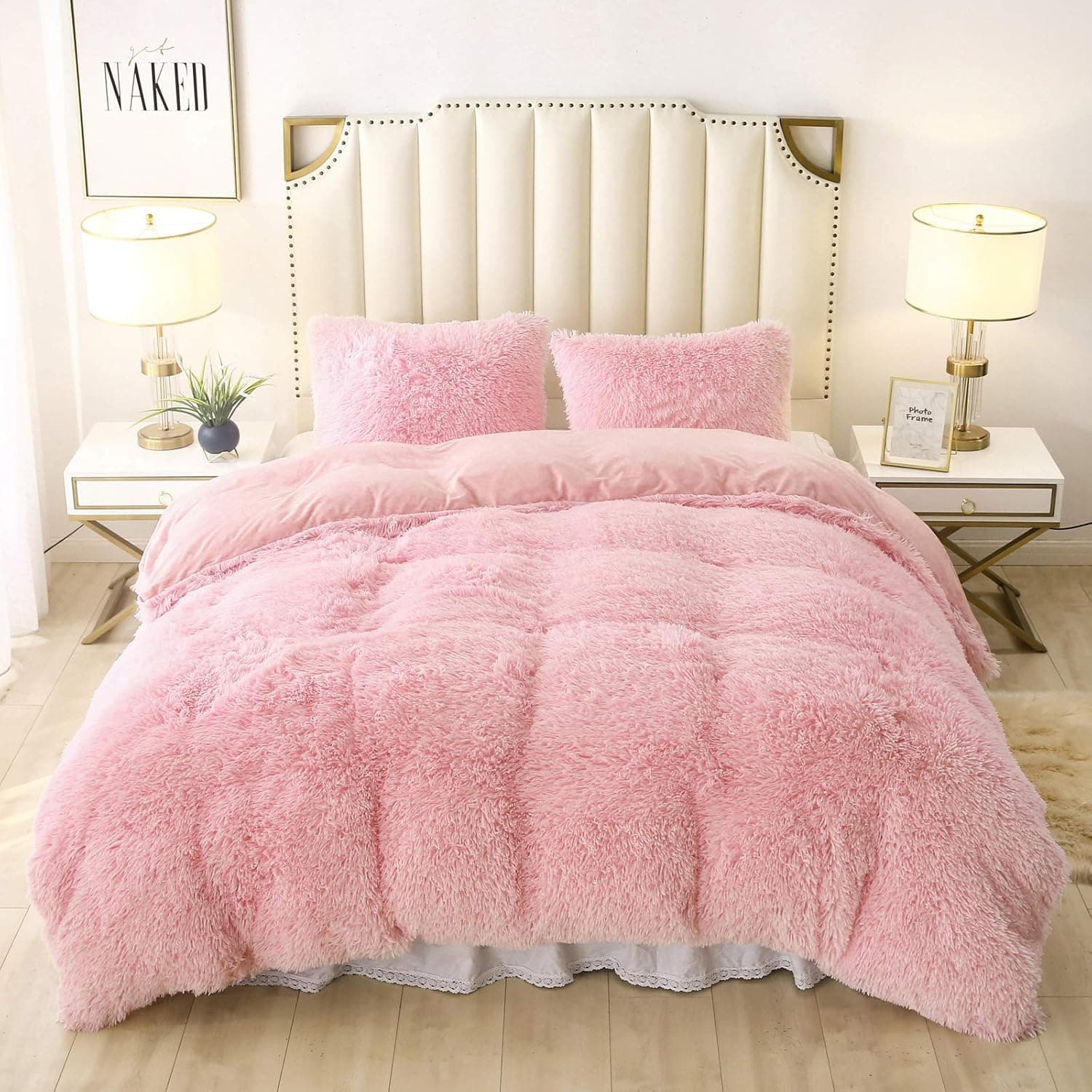 TARGEEN Faux Fur Plush Shaggy Fluffy Duvet Cover Sets Zipper Colsure Luxury Velvety Comforter Bedding Set (1 Duvet Cover + 2 Pillow Shams) Queen Size, Pink
