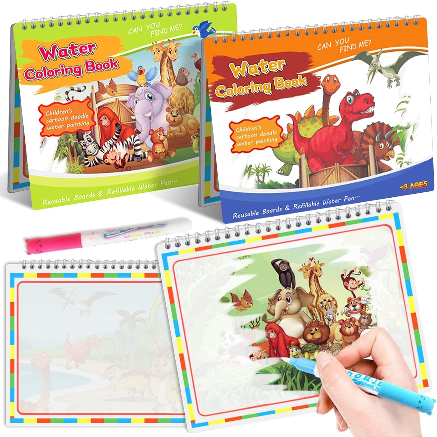 GLOVE HOLDER 2 Packs Water Coloring Books for Toddlers, Reusable Water Reveal Activity Pads Drawing Toys Educational, Travel Toys for Kids Includes Magic Pen
