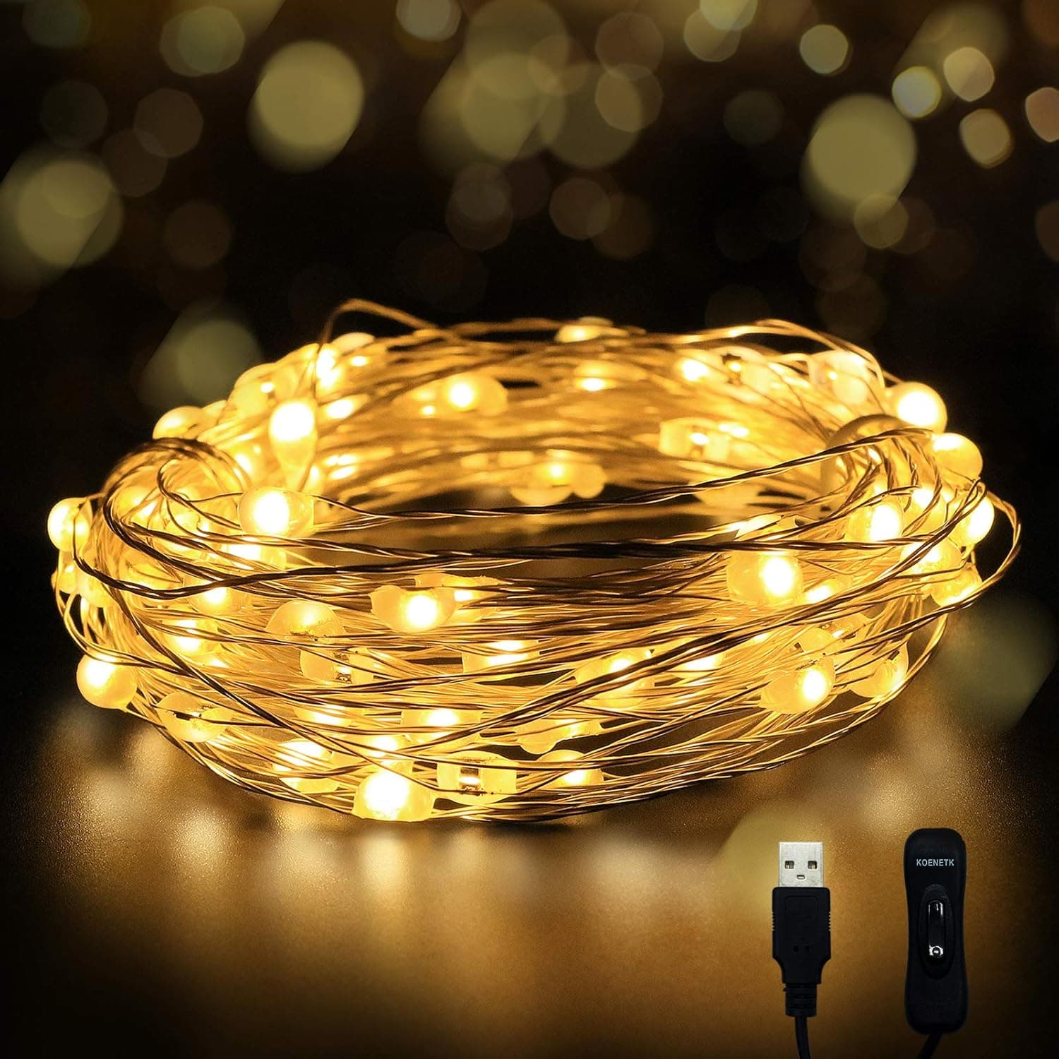 KOENETK String Light 39FT/12M 120 LEDs, Fairy Lights Warm White for Xmas, Wedding, Party, Bedroom, Garden, Outdoor/Indoor Wall Decorations, IP65 Waterproof -Silver Wire (12M-USB Plug in)