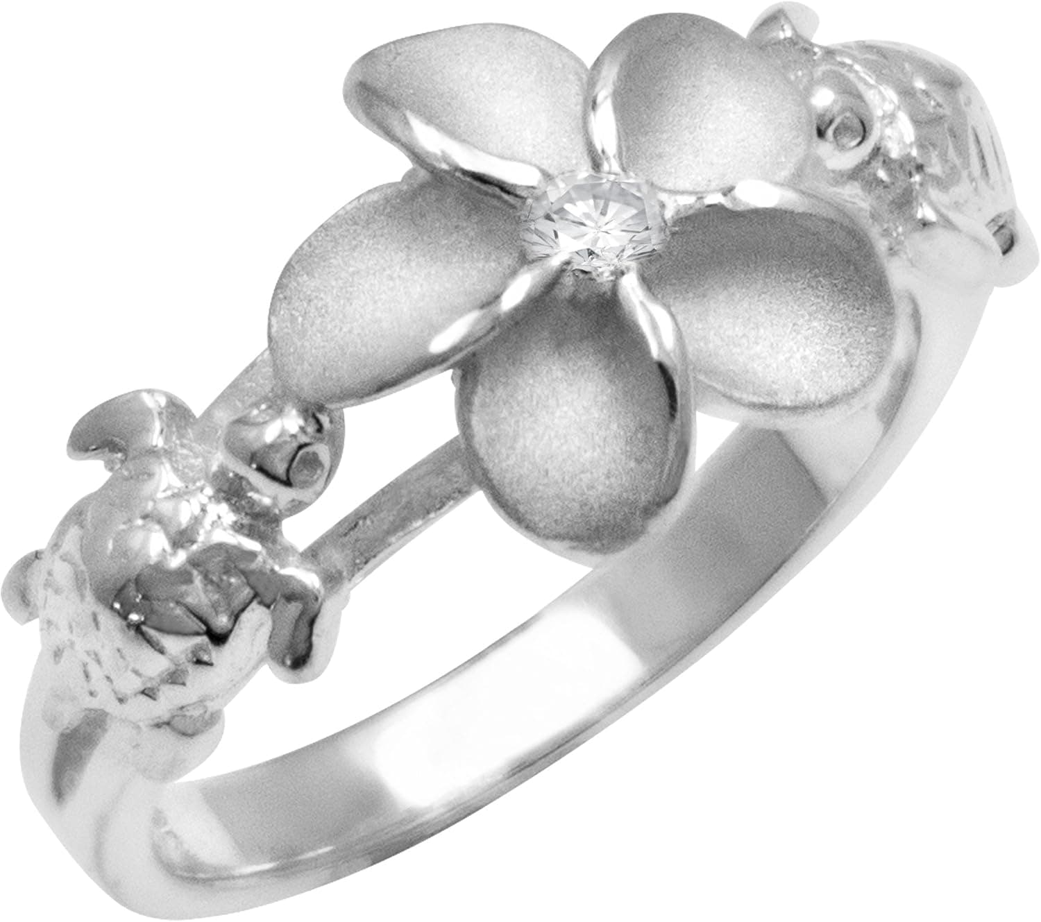 Honolulu Jewelry Company Sterling Silver Plumeria and Turtle Ring with Clear CZ and Satin Finish