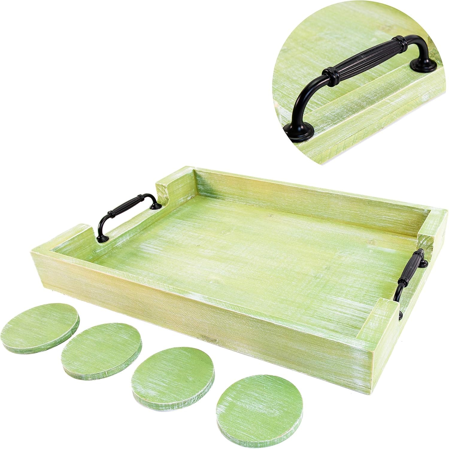 Wood Serving Tray - 20 Inch - Farmhouse Decor - Coffee Table Organizer - Bathroom Vanity - Rustic Ottoman Tray - Thick Comfortable Handles - Breakfast/Coffee/Dinner - 4 Coasters (Green)