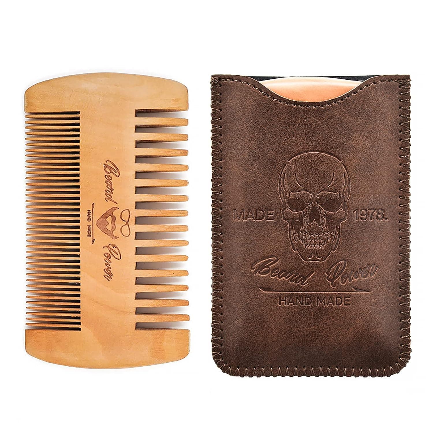 Menesia Wooden Beard Comb with Case for Men Beard, Fine & Coarse Teeth, Men's Wood Pocket Comb for Beards & Mustaches & Hair,Brown Skull Design