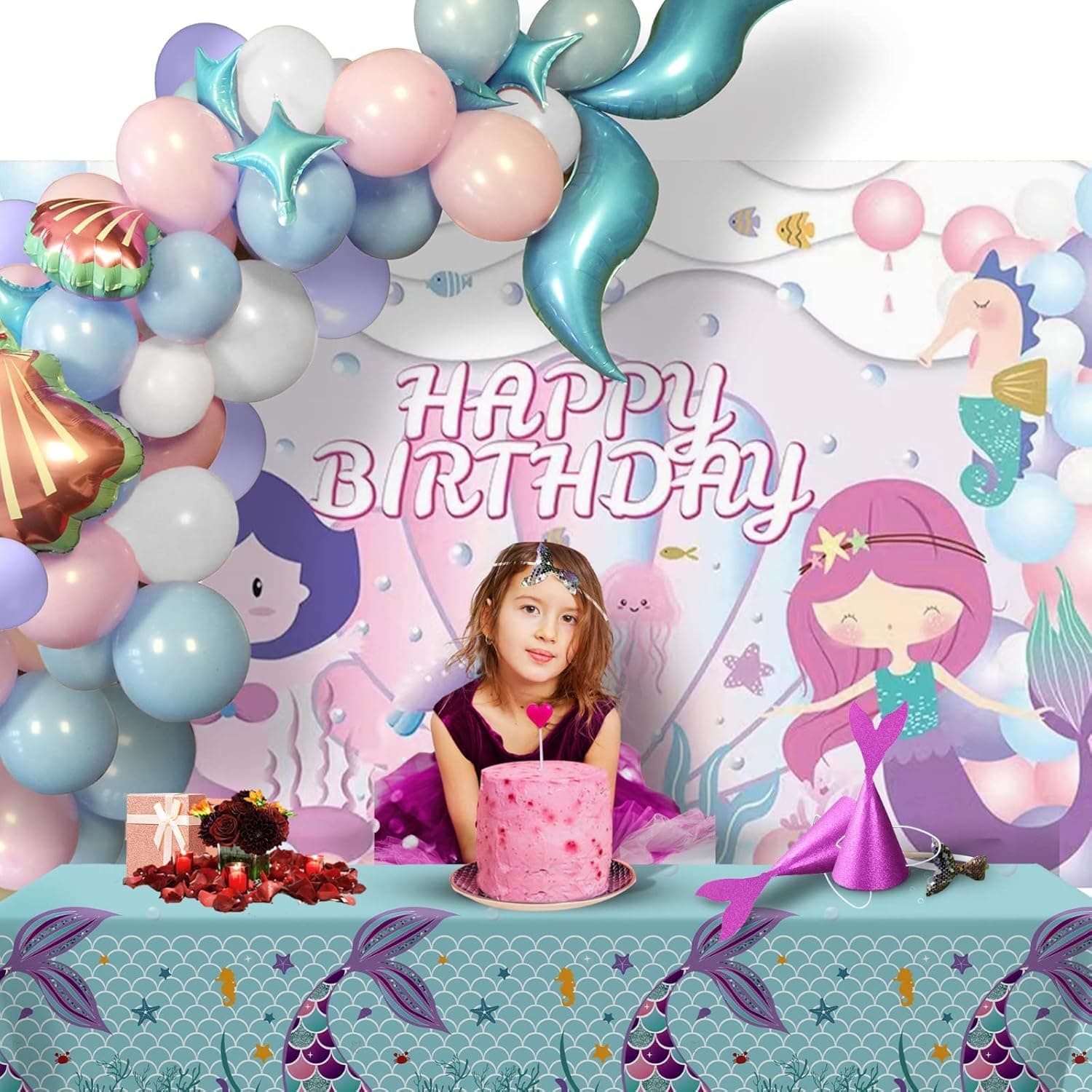 Little Mermaid Birthday Decorations for Girls (Mega Pack) by Celebration Tales - All You Need for Your Little Mermaid’s Birthday Party - Mermaid Balloon Arch, Background Banner, Table Cloth