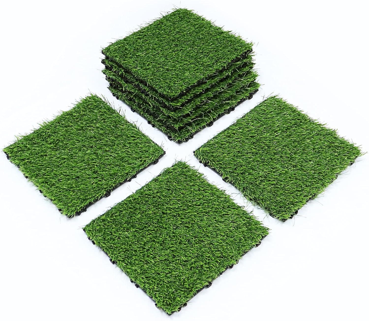 Amawarm 8PCS 12 x 12 Inch Artificial Grass Turf Tile,Fake Grass Flooring Mat,Patio Grass,Interlocking Fake Grass Pet Lawn Mat, Realistic Garden Grass Tiles with Drain Holes.