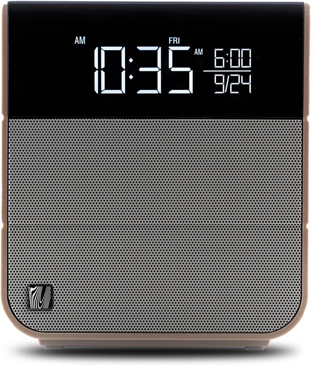 Soundfreaq Sound Rise II, Bedside Radio Alarm Clock, Wireless Digital Clock Radio, with Bluetooth, Large Display Screen, Audio Speakers, Fast Charging & Ambient Nature Noise (Wood / Taupe)