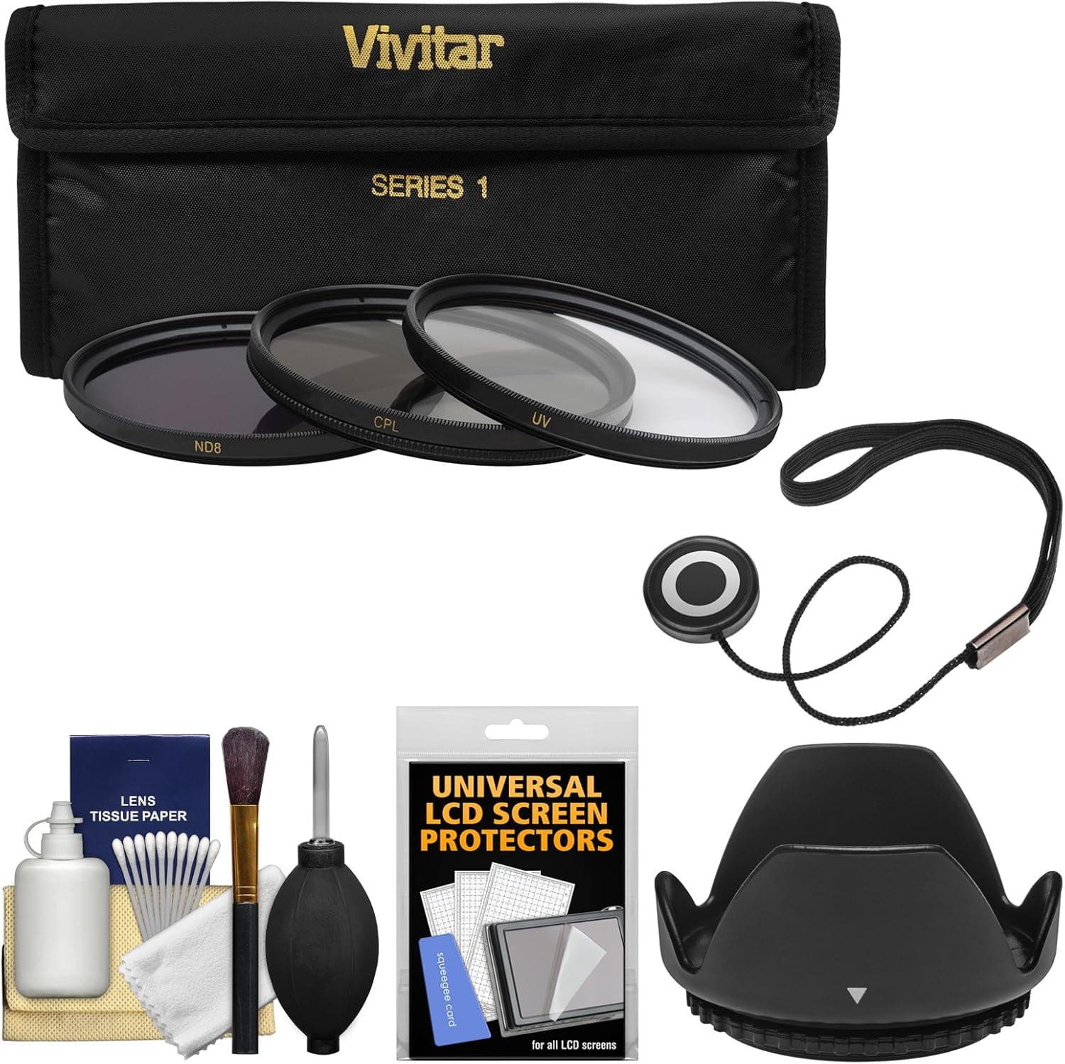 Vivitar 3-Piece Multi-Coated HD Filter Set (72mm UV/CPL/ND8) with Hood + Accessory Kit
