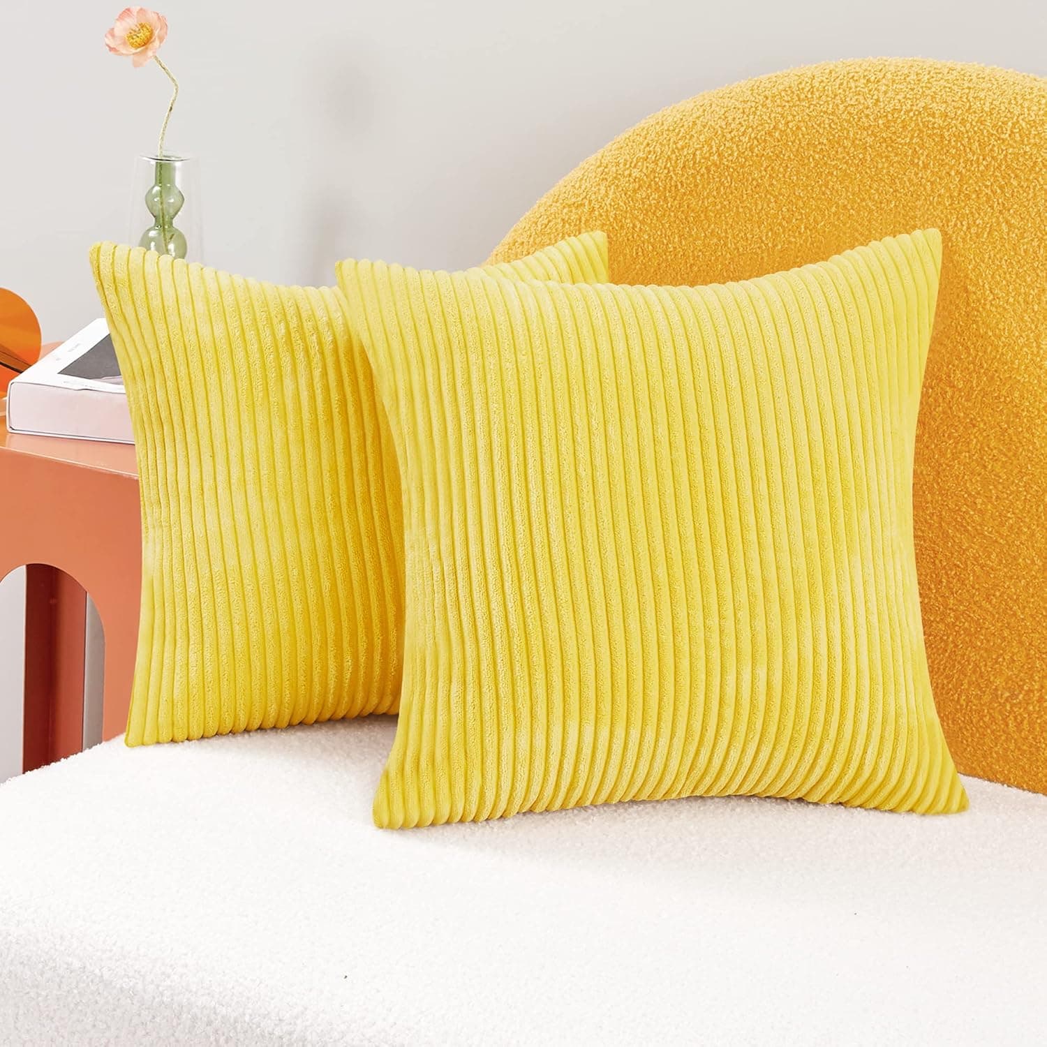 Deconovo Happy New Year Decorations, Set of 2, Throw Pillow Cover Cases for Bedroom, 18x18 Inch, Pale Yellow, Super Soft Corduroy Decorative Cushion Cover, Machine Washable Pillow Cases