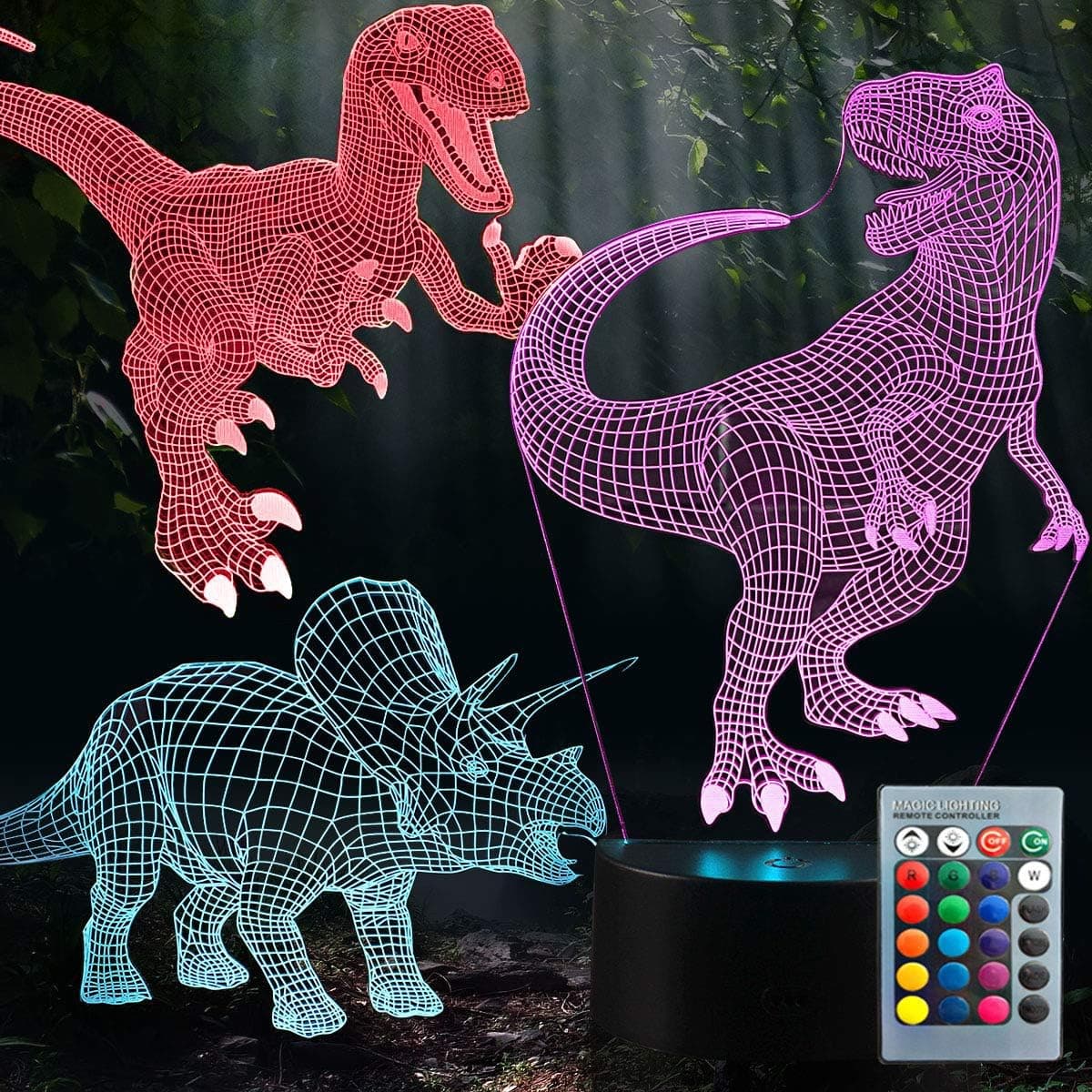 HutaoLi 3D Dinosaur Night Light - 3D Illusion Lamp Three Pattern and 7 Color Change Decor Lamp with Remote Control for Kids, Dinosaur Gifts for Kids