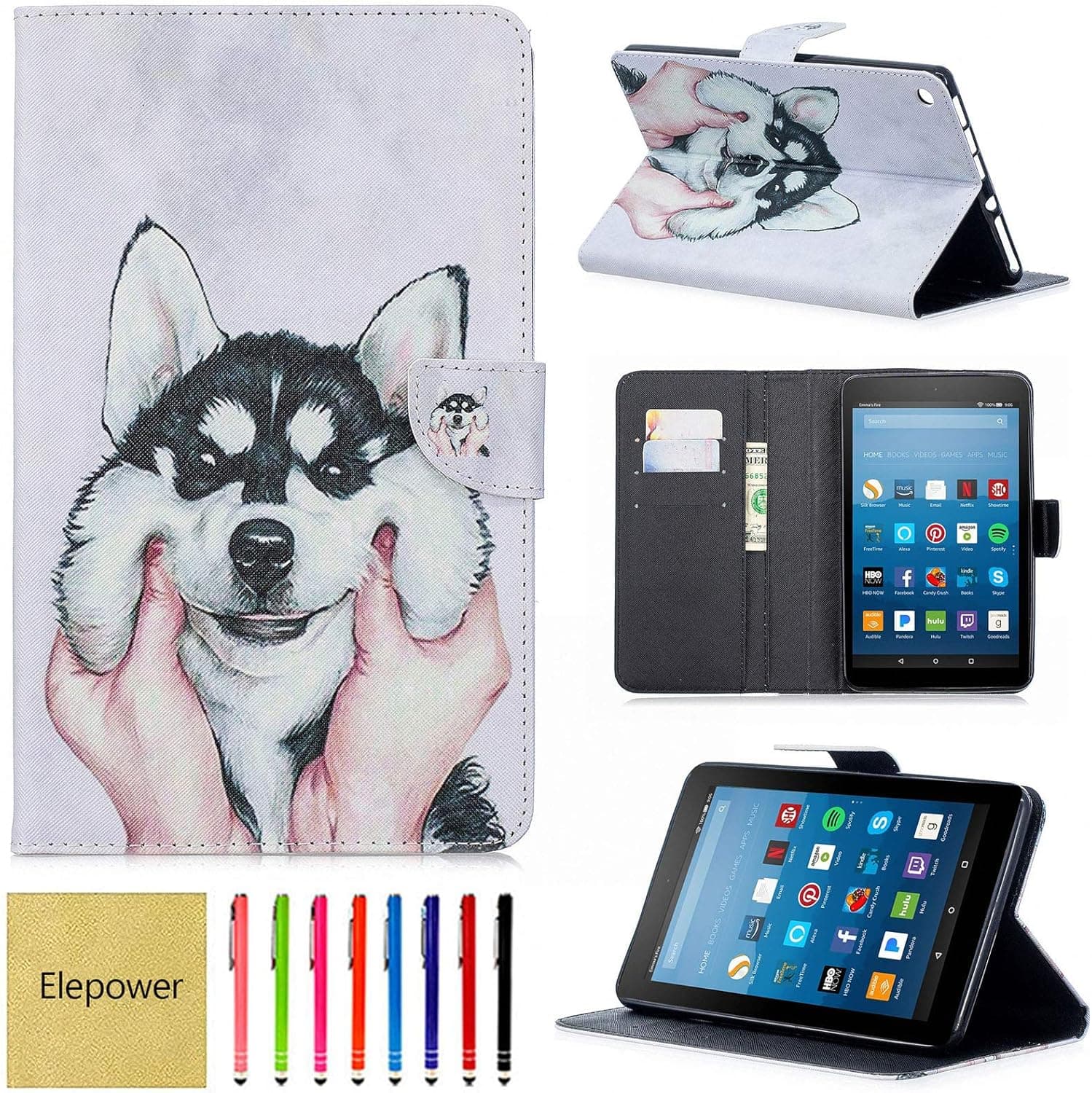 Elepower Case for Fire HD 8 2017/2016/2015, Premium Slim Lightweight PU Leather Folio Standing Magnetic Wallet [Card Slots] Cover for All-New Kindle Fire HD 8 7th/6th/5th Generation, Husky