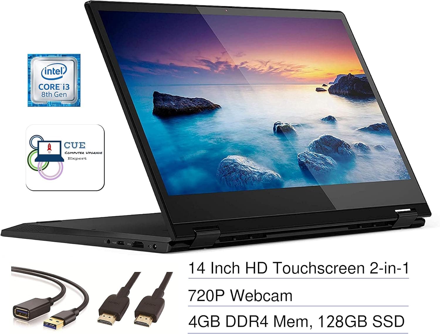 Lenovo Flex 14 2-in-1 Convertible Touchscreen HD Laptop Computer PC, Intel Core i3-8145U, Intel UHD Graphics 620, HDMI, USB-C, Windows 10, CUE Accessories Bundle (4GB DDR4 RAM, 128GB SSD)