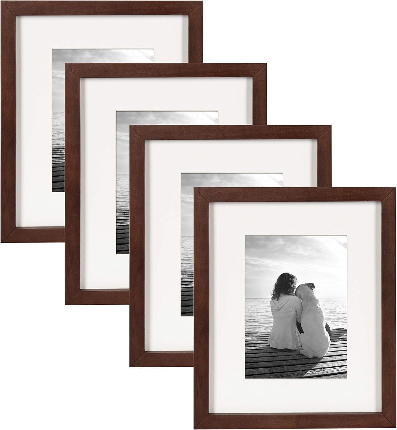 DesignOvation Gallery Wood Photo Frame Set for Customizable Wall or Desktop Display, Walnut Brown 8x10 matted to 5x7, Pack of 4