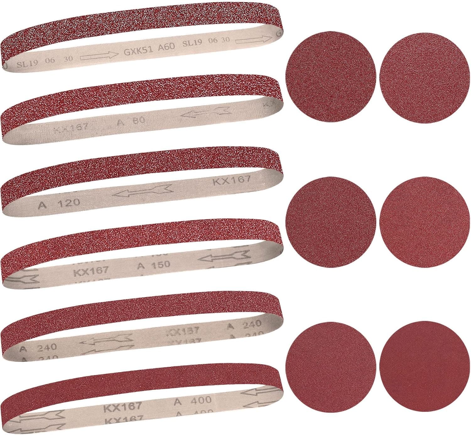 Sanding Belts Disc Grit Aluminum Oxide, 24 Pieces 1 x 30 Inch Abrasive Sanding Belt (60/80/120/150/240/400 Grits) and 24 Pieces 5 Inch Self Stick No-hole Sanding Disc (80/100/ 120/180/ 240/400 Grit