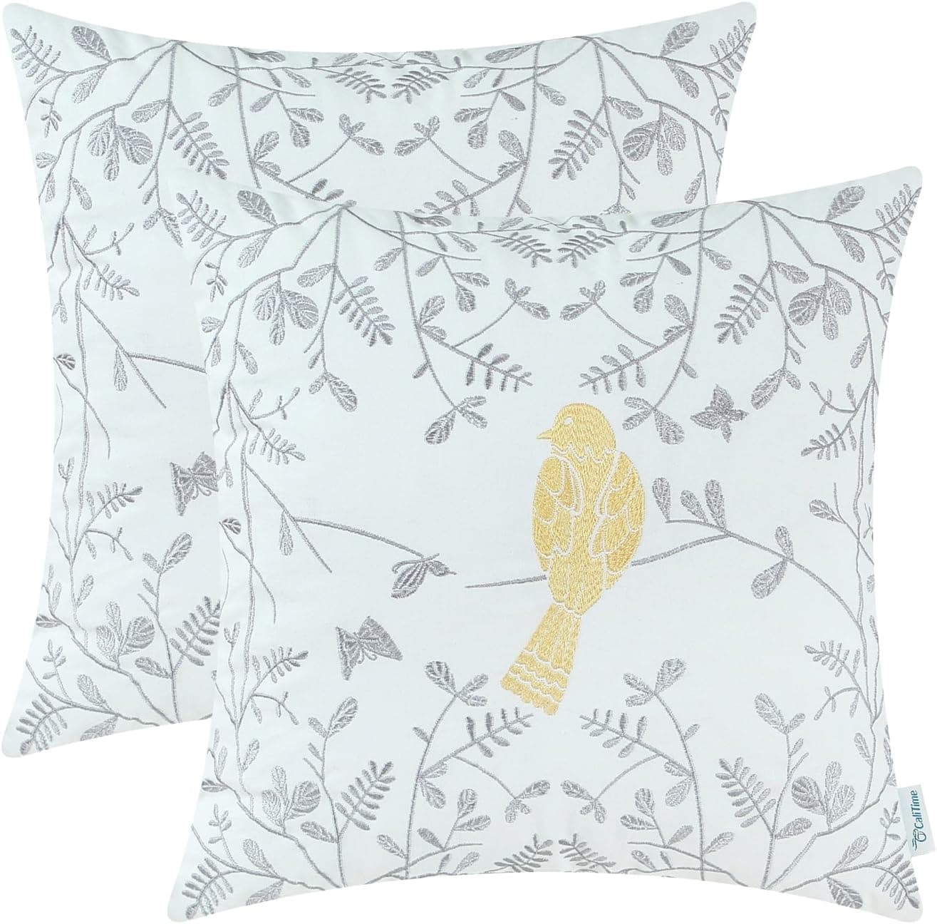 CaliTime Throw Pillow Cases Pack of 2 Cotton Cute Bird in Gray Garden Embroidered Decorative Cushion Covers for Couch Bed Sofa Farmhouse Decoration 16 X 16 Inches Gold