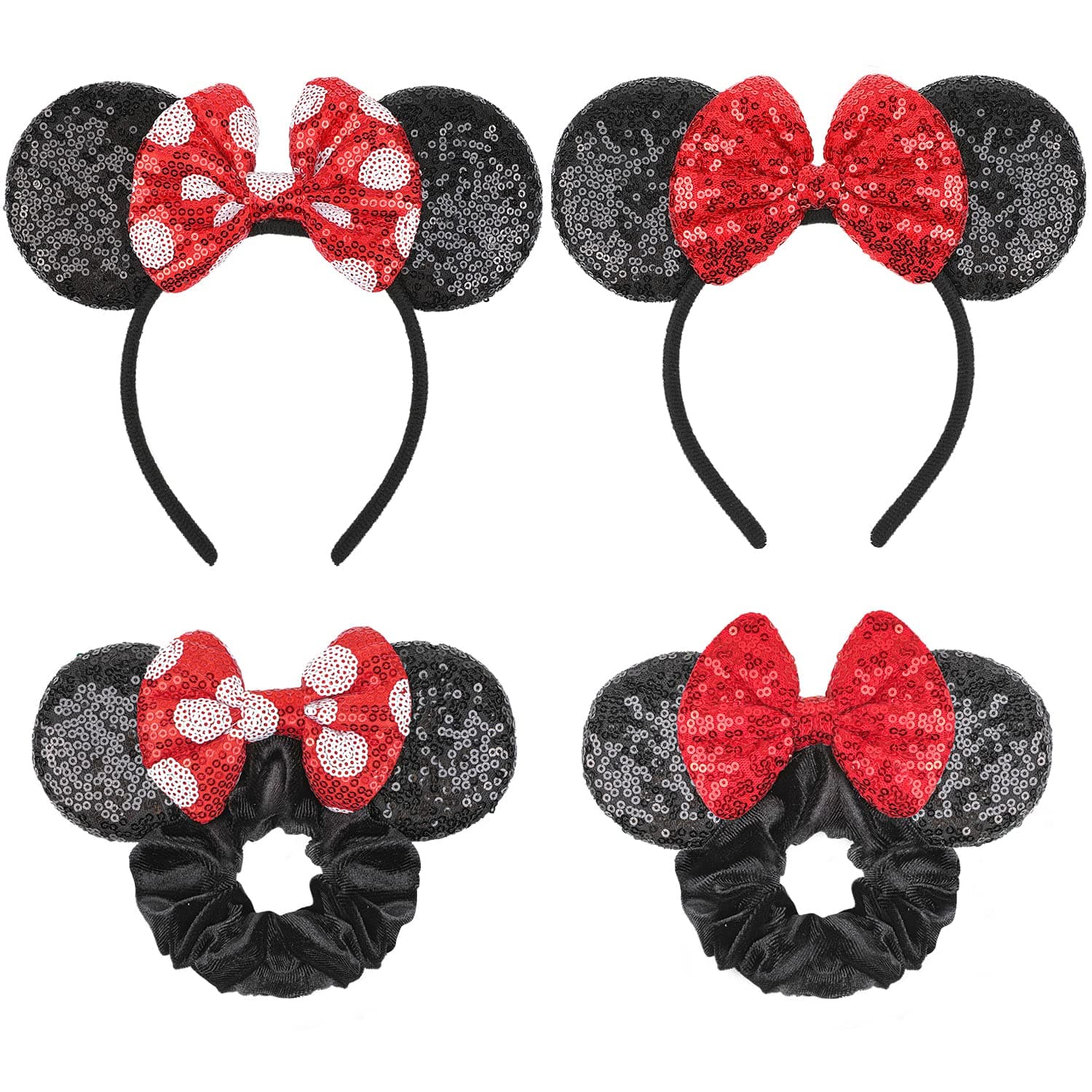 2 Pcs Mickey Mouse Ears Headbands and 2 Pcs Minnie Mouse Ears Scrunchies with Bow Hair Accessories for Women Girls Kids Adult (Red Black)