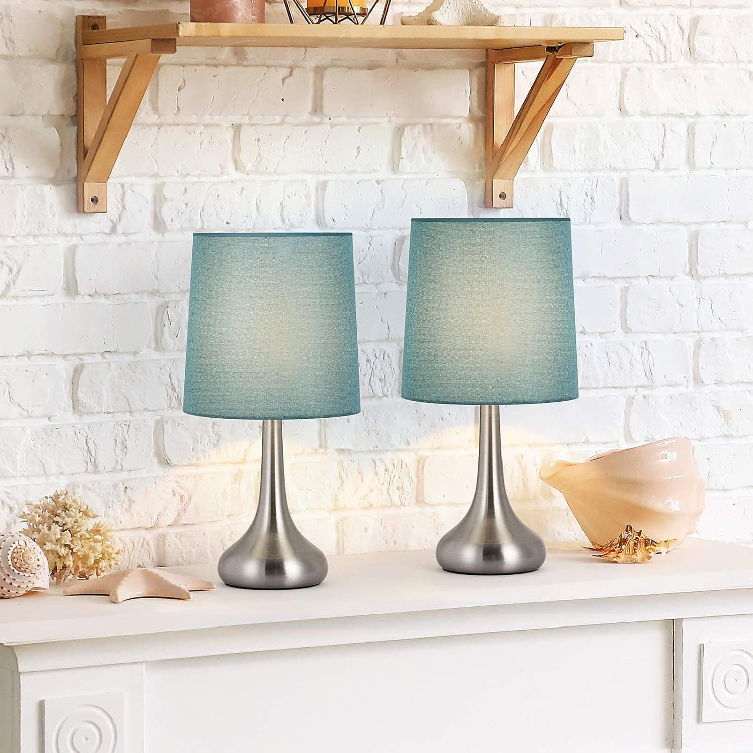 Set of 2 Bedside Table Lamps, Nightstand Lamps with Blue Fabric Shade, Modern Modern Desk Lamps Ideal for Bedroom Living Room（E26 LED Bulbs not Included）