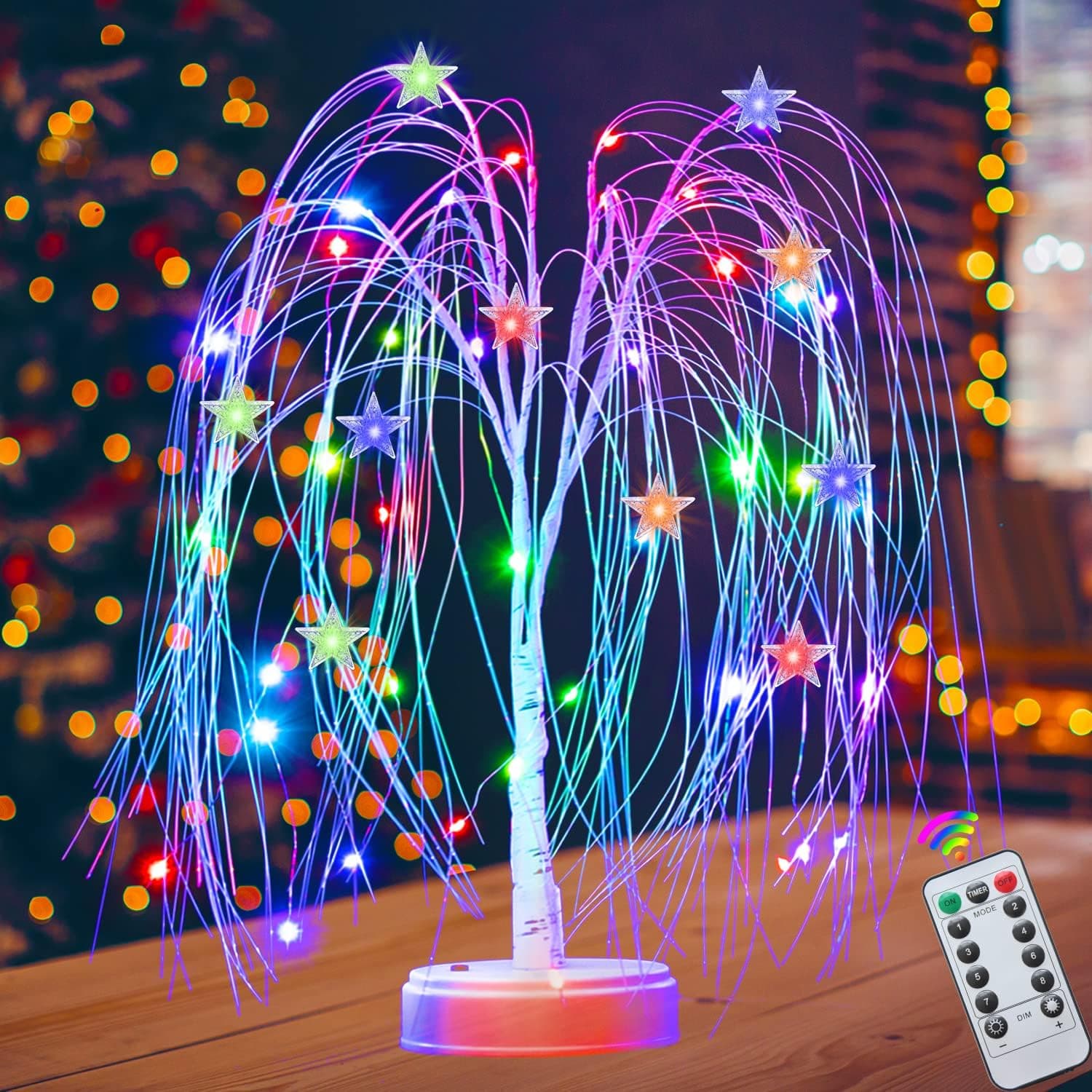 Lighted Star Tree 4th of July Decorations, 40 LEDs 22" Light Up Willow Tree with Remote, Table Top Weeping Willow Bonsai Lit Tree with Star Ornaments for Living Room Bedroom Memorial Day Decor