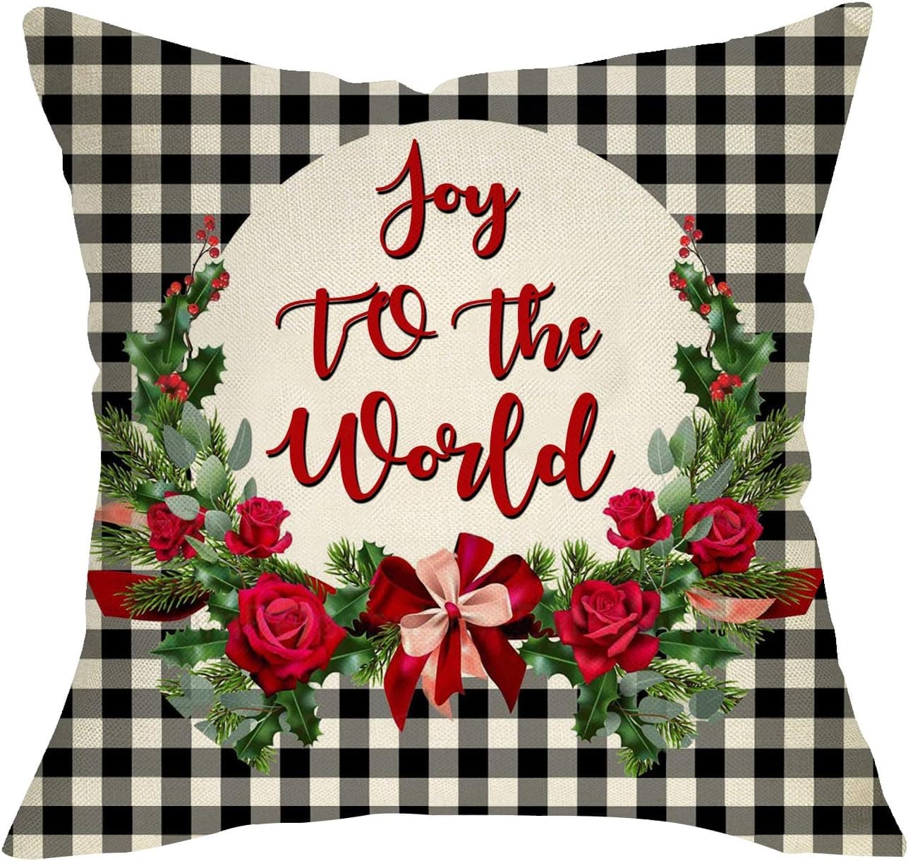 Pycat Joy to the World Throw Pillow Cover 18 x 18 for Sofa Couch Winter Christmas Holiday Decoration Xmas Farmhouse Home Décor Buffalo Plaid Rose Wreath Decorative Pillowcase Cotton Linen Cushion Case