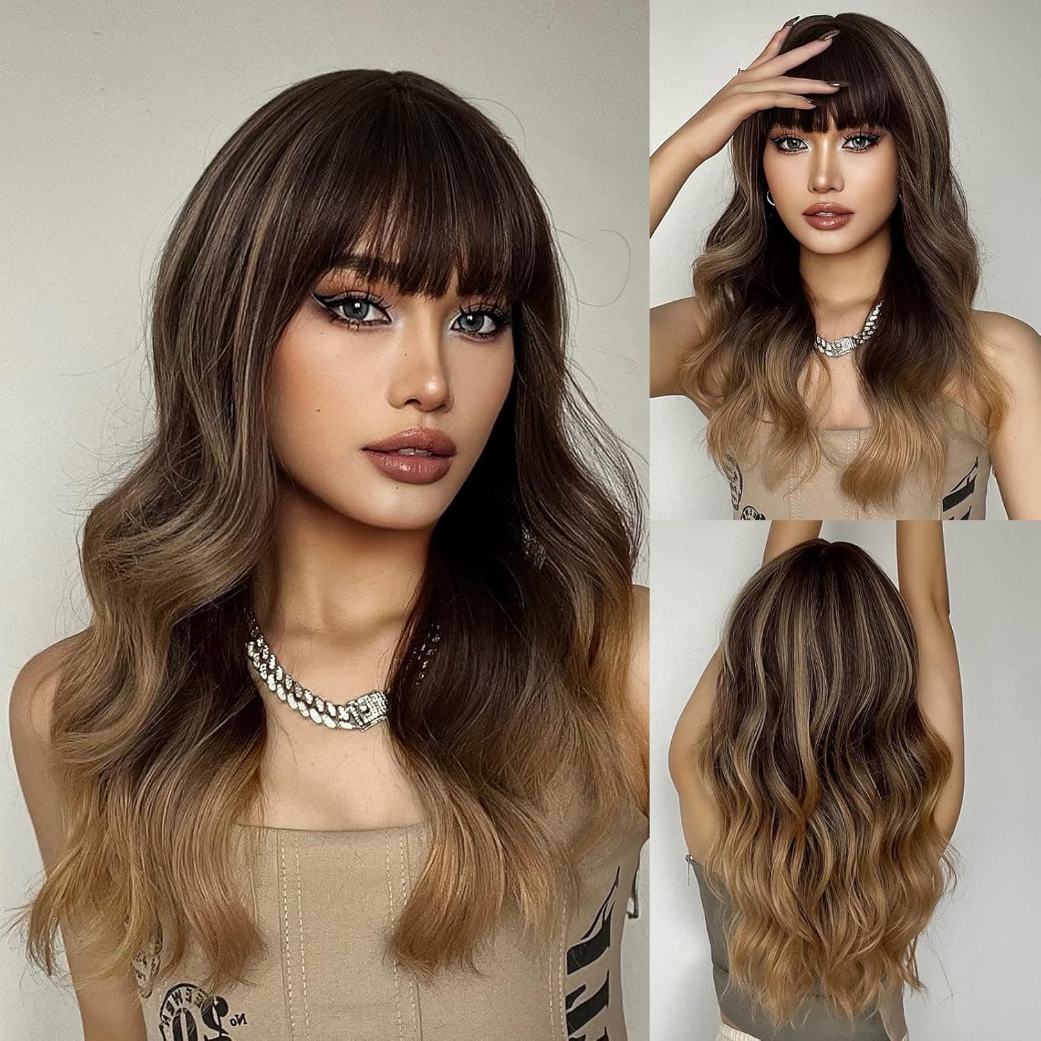 AWEE Blonde Mixed Brown Wigs with Bangs for Women Girls 22 Inches Long Wavy Wig Curly Hair Replacement Wig Synthetic Heat Resistant Wig for Daily Use Christmas Cosplay Wedding Birthday Party Travel