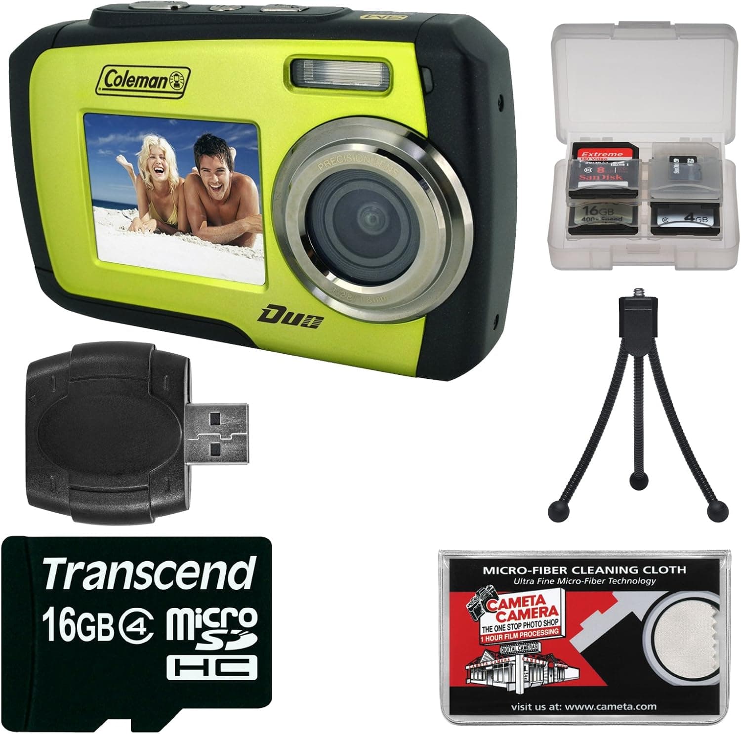 Coleman Duo 2V7WP Dual Screen Shock & Waterproof Digital Camera (Green) with 16GB Card Kit