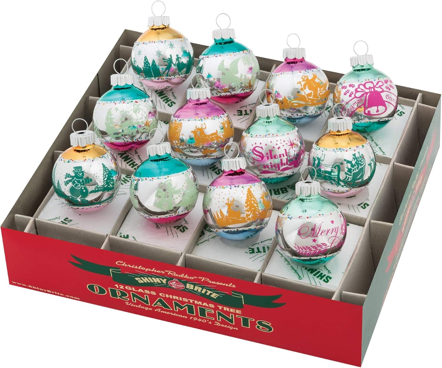 Shiny Brite Vintage Celebration 1.75" Flocked Ornaments - Set of 12