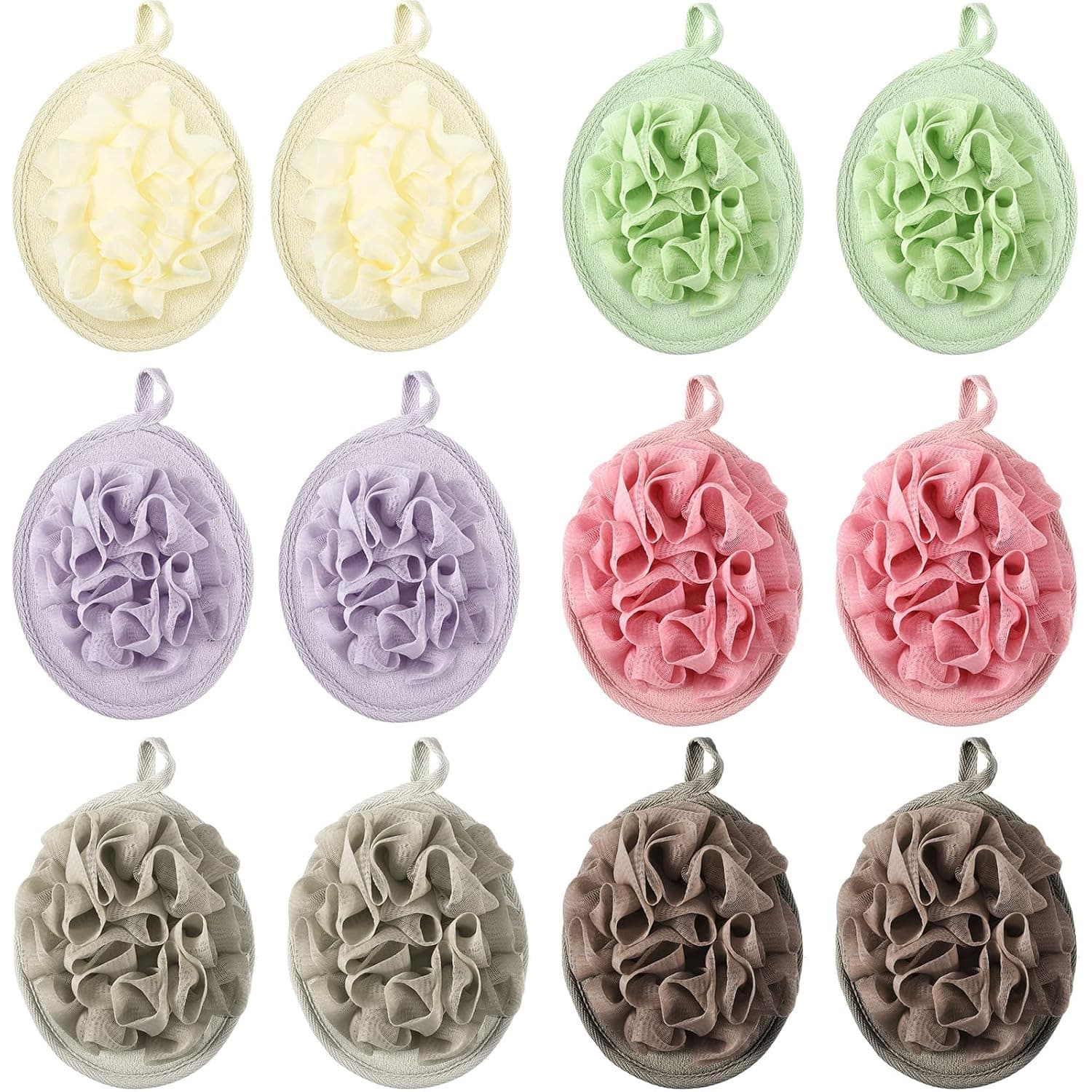 12 Pieces Shower Puff Bath Travel Loofah with Elastic Hand Strap Exfoliating Washable Loofah Mesh Pouf Sponges Bath Hand Loofah Flower Ball Loofah Pad Large Body Shower Scrubber for Men and Women