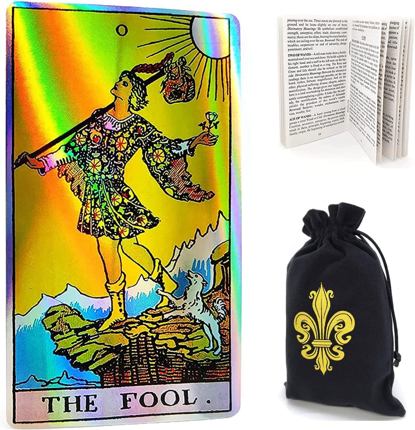 HIKOTECH Classic Rider Waite Tarot Deck Rainbow Holographic Cards with Printed Guidebook(with Velvet Bag)
