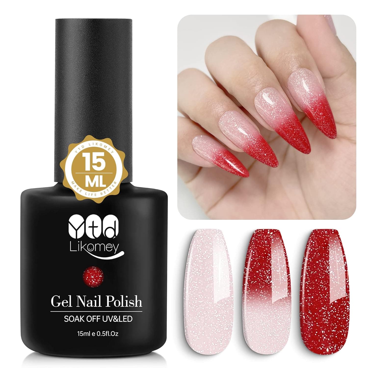 YTD Likomey Color Changing Gel Nail Polish,1 Pcs 15ml Light Pink To Red Glitter Mood Temperature Change Colors Thermal UV Nail Gel Polish, Home Salon Manicure