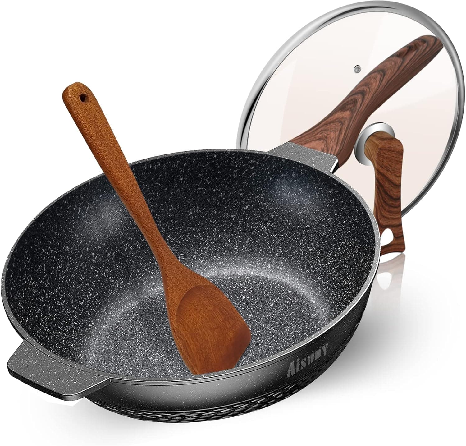 AISUNY Nonstick Frying Pan with Lid and Wok Spatula - 12.5 Inch Skillet for Electric, Induction & Gas Stovetop(Cast Aluminum, Dishwasher Safe)