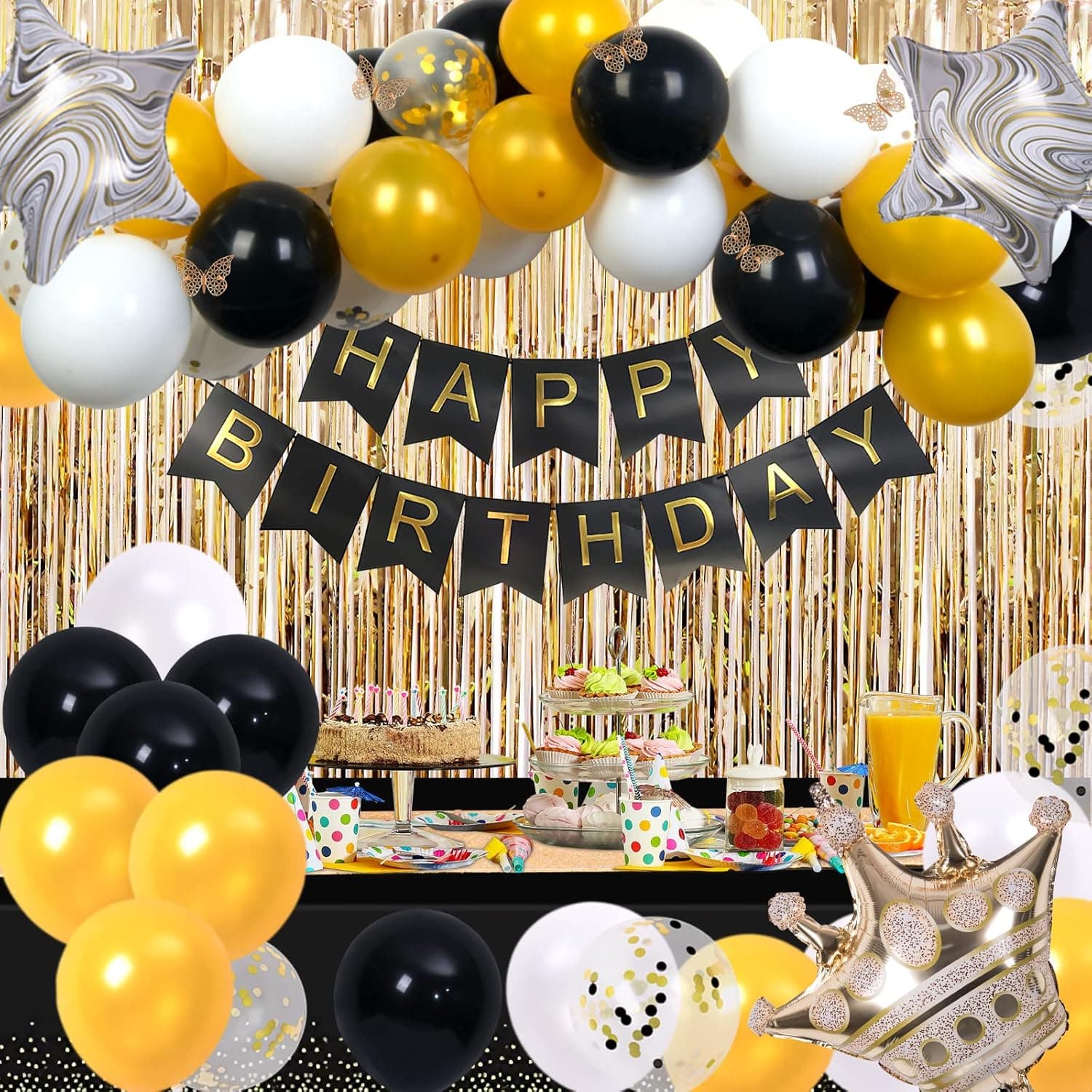 CUTEUP Gold Happy Birthday Decorations - Birthday Party Decorations for Women/ Man/ Girl/ Boy with Happy Birthday Banner/ Birthday Balloons/ Tablecloth/ Table Runner/ Butterfly Birthday Decorations