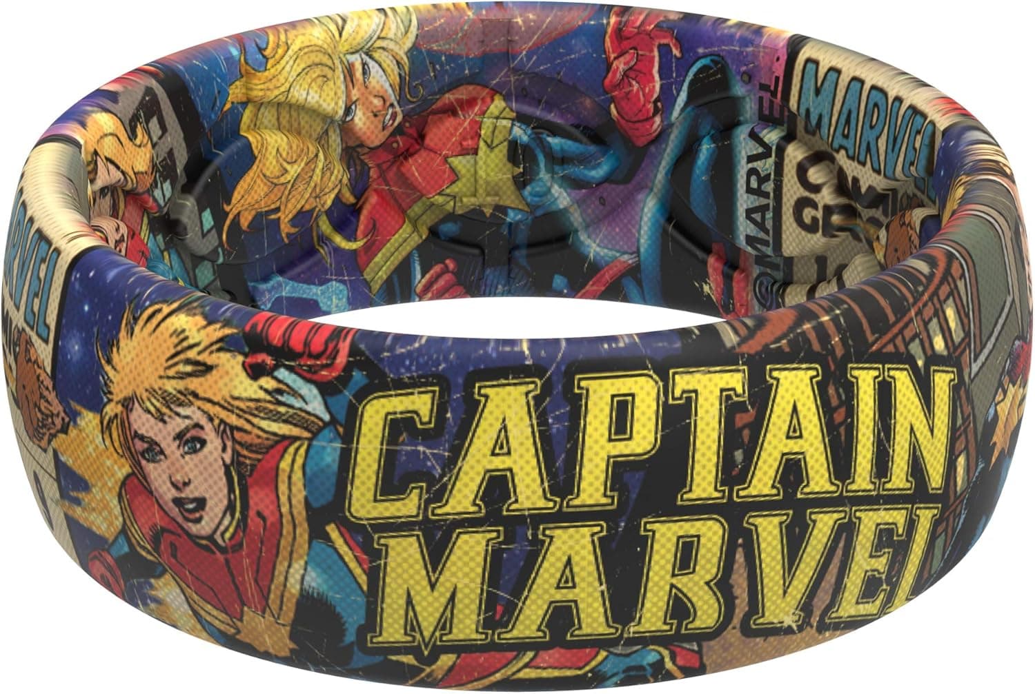 Marvel Retro Comic Captain Marvel Silicone Ring by Groove Life - Breathable Rubber Wedding Rings for Men, Lifetime Coverage, Unique Retro Design, Comfort Fit Ring - Size 8