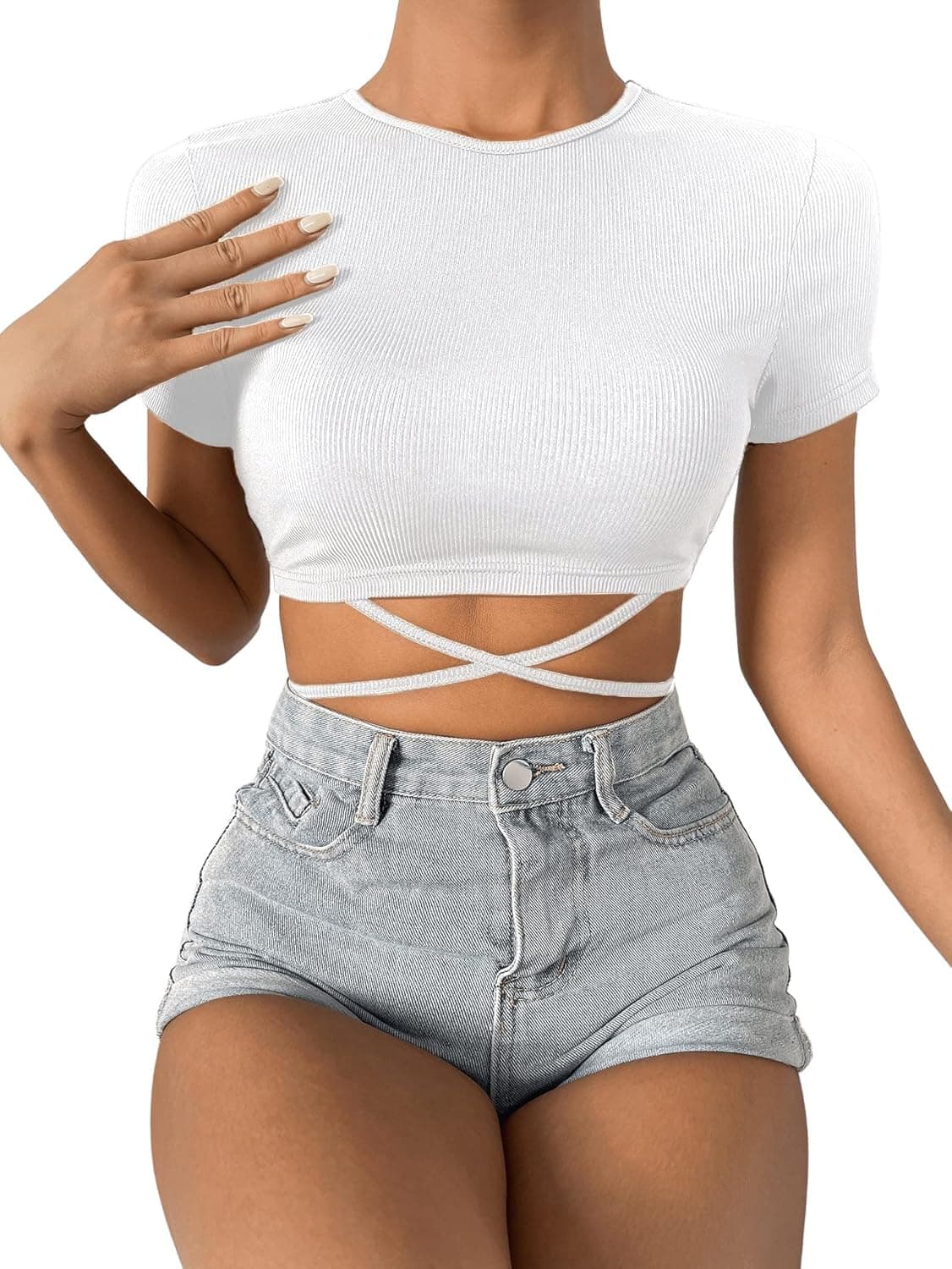 SweatyRocks Women's Solid Short Sleeve Round Neck Crop Top Slim Fit Tie Back Crisscross Front Summer Tee Shirts