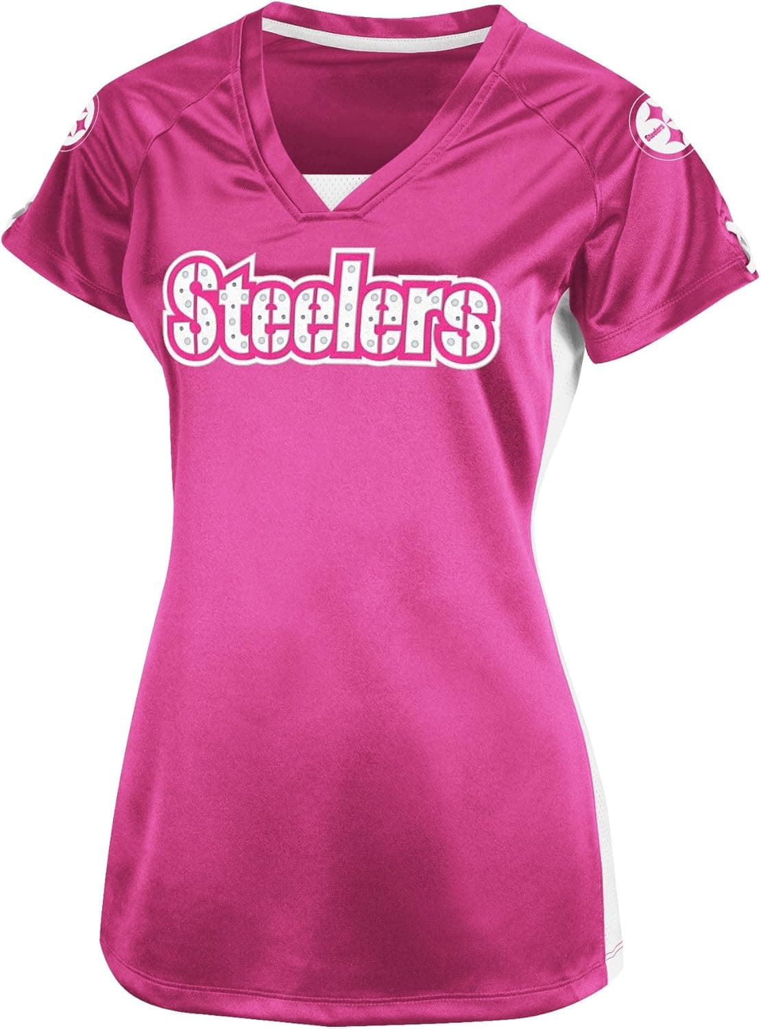 NFL Womens Pittsburgh Steelers Draft Me V Pink Splash/White Short Sleeve Raglan V-Neck Tee