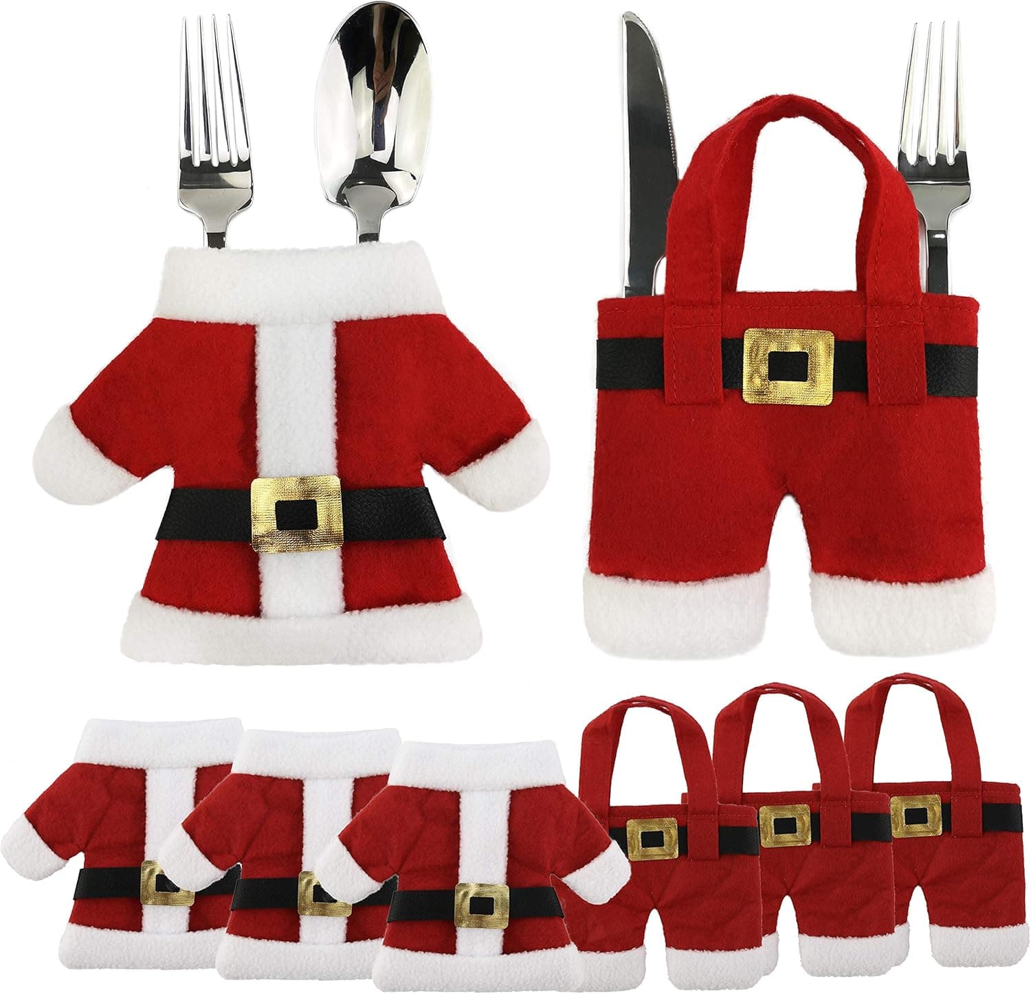Athoinsu 6 pcs Christmas Silverware Holders Pocket Set Santa Claus Suit Cutlery Knifes Forks Tableware Bag Storage Covers Christmas Decoration