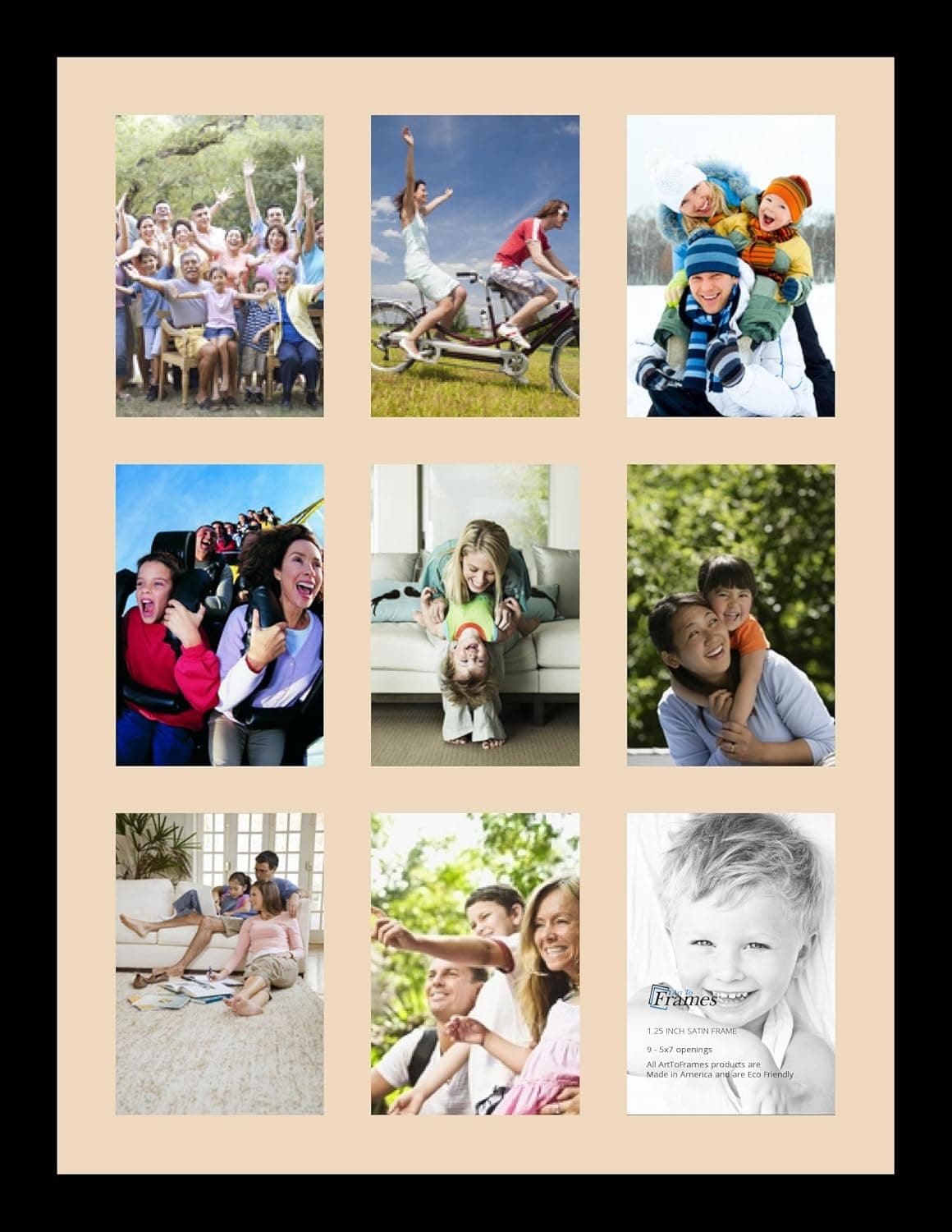 ArtToFrames Collage Photo Frame Single Mat with 9-5x7 Openings with Satin Black Frame and French Creme mat.