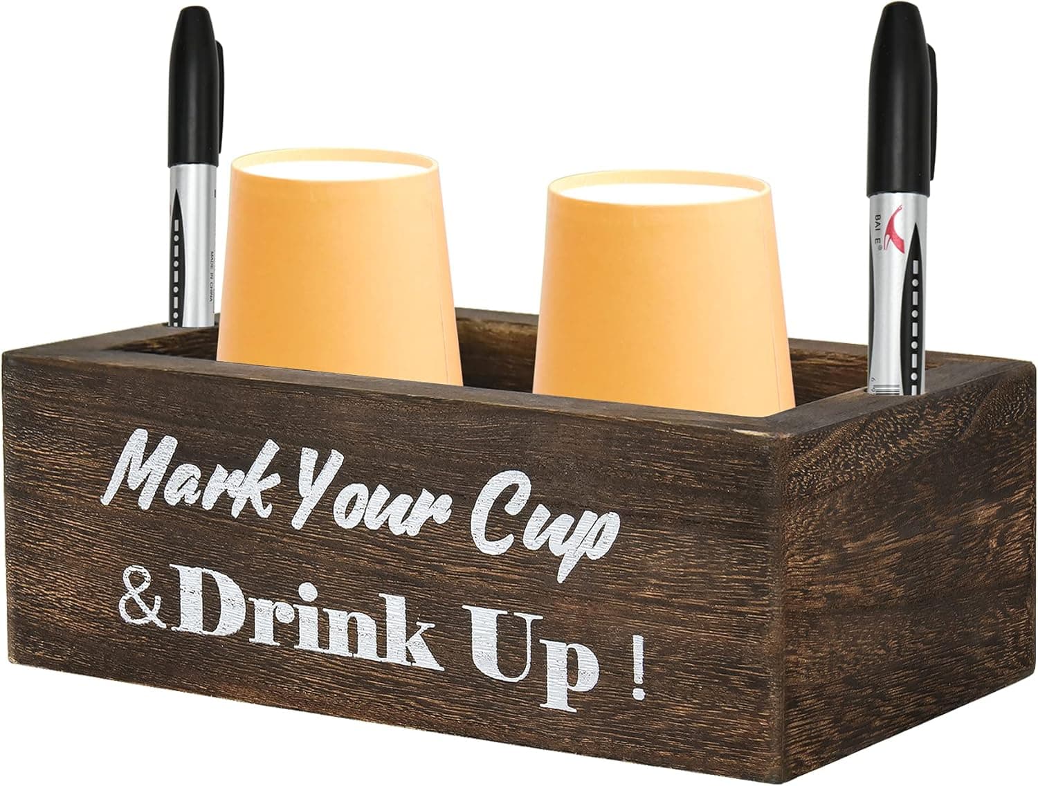 Farmhouse Drink Dispensers for Parties, Decorative Double Cup Holder with Marker Slot, Wood Storage Box Mark Your Cup and Drink Up Cup Holder, Mouthwash Dispenser Cup Dispenser for Party, Holiday