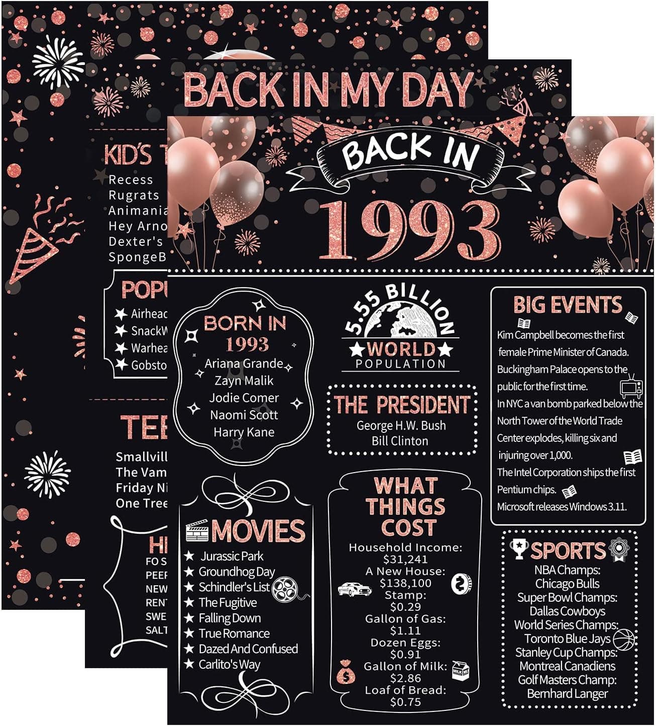 HOMANGA 30th Birthday Decorations for Women, 3 Pieces 30th Birthday Anniversary Posters, Back in 1993 Party Decoration Supplies, 30th Gifts for Women Rose Gold 8x10 Inch