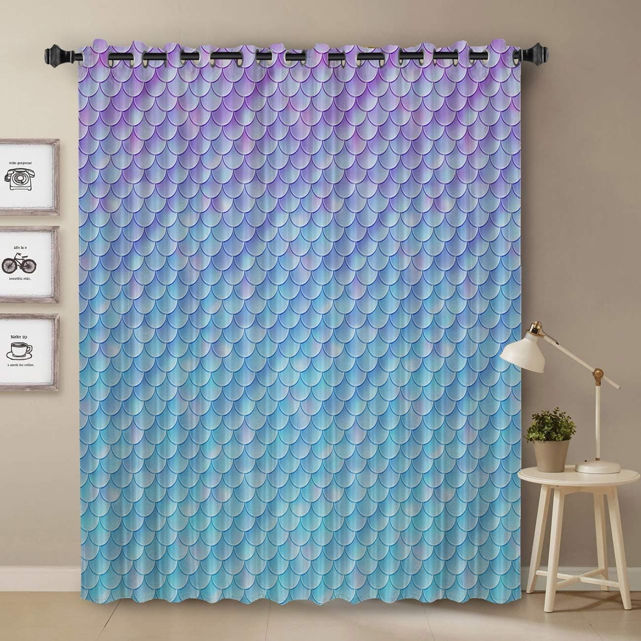 Mermaid Curtain, Gradient Color Fish Scaled Curtain for Bedroom, Room Darkening Blackout Curtain for Living Room Thermal Insulated with Grommet Window Curtain, 52 by 63 Inch