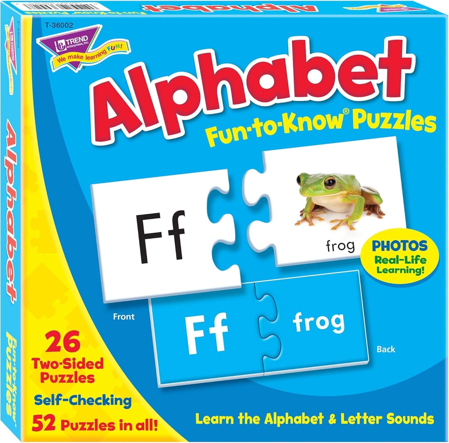 Trend Enterprises: Fun-to-Know Puzzles: Alphabet, Learn The Alphabet & Letter Sounds, 26 Two-Sided Puzzles, Self-Checking, 52 Puzzles Total, for Ages 3 and Up