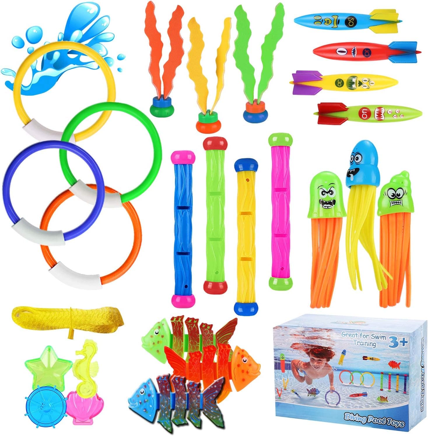 Auney 26 Pcs Diving Pool Toy Set for Kids,Swimming Dive Water Toys,Water Toys for Kids,Toddler Pool Toys with A Storage Net Bag