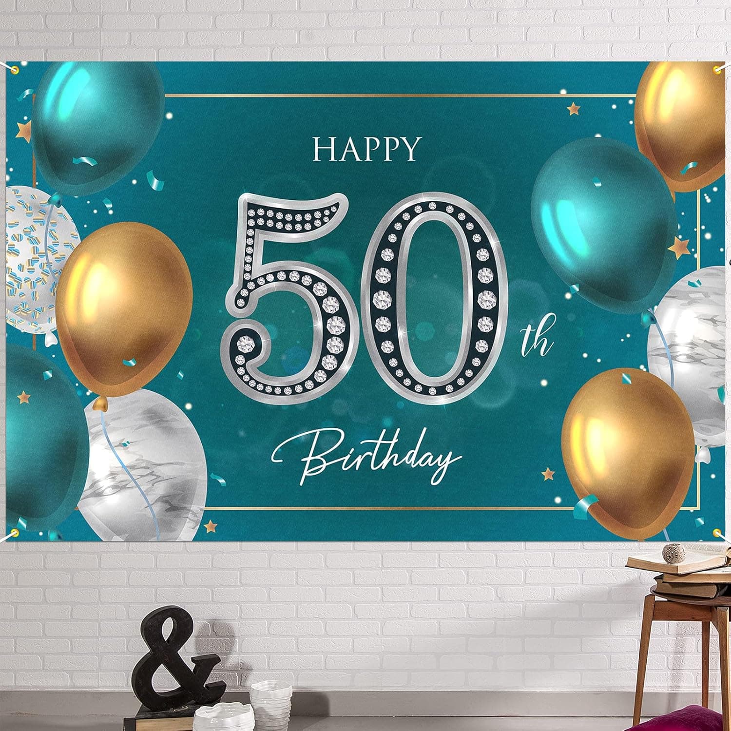 HAMIGAR 6x4ft Happy 50th Birthday Banner Backdrop - 50 Years Old Birthday Decorations Party Supplies for Women Men - Green Silver