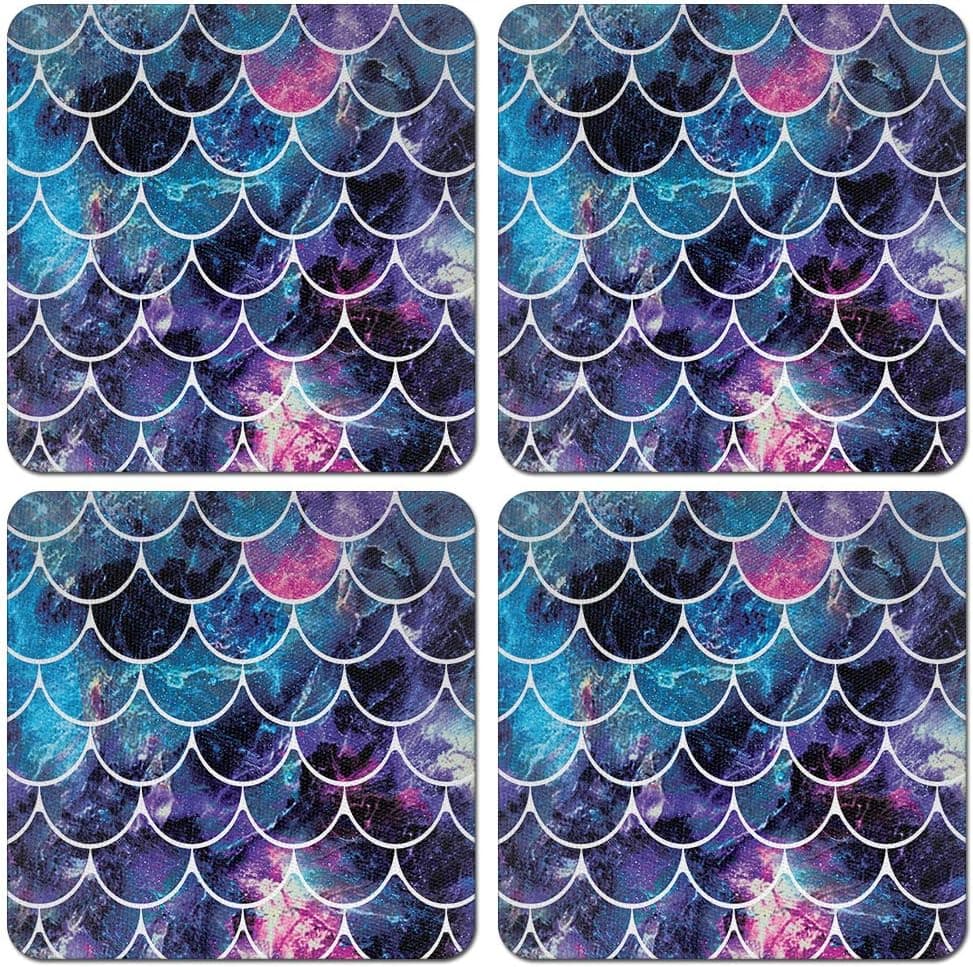 CARIBOU Coasters CB-SQNC-SBCST0002-4-A4637, Mosaic Mermaid Scale Design Absorbent Square Fabric Felt Neoprene Coasters for Drinks, 4pcs Set