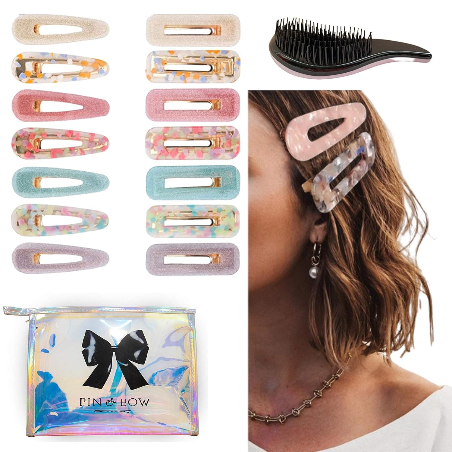 Set 14 Glitter Selection Acrylic Resin Snap Clips Tortoise Shell Leopard Alligator Vintage Patterns Cute Barrettes Women Additional 5 Pearl Hair Pin Slides a Detangling Hairbrush and Holographic Bag