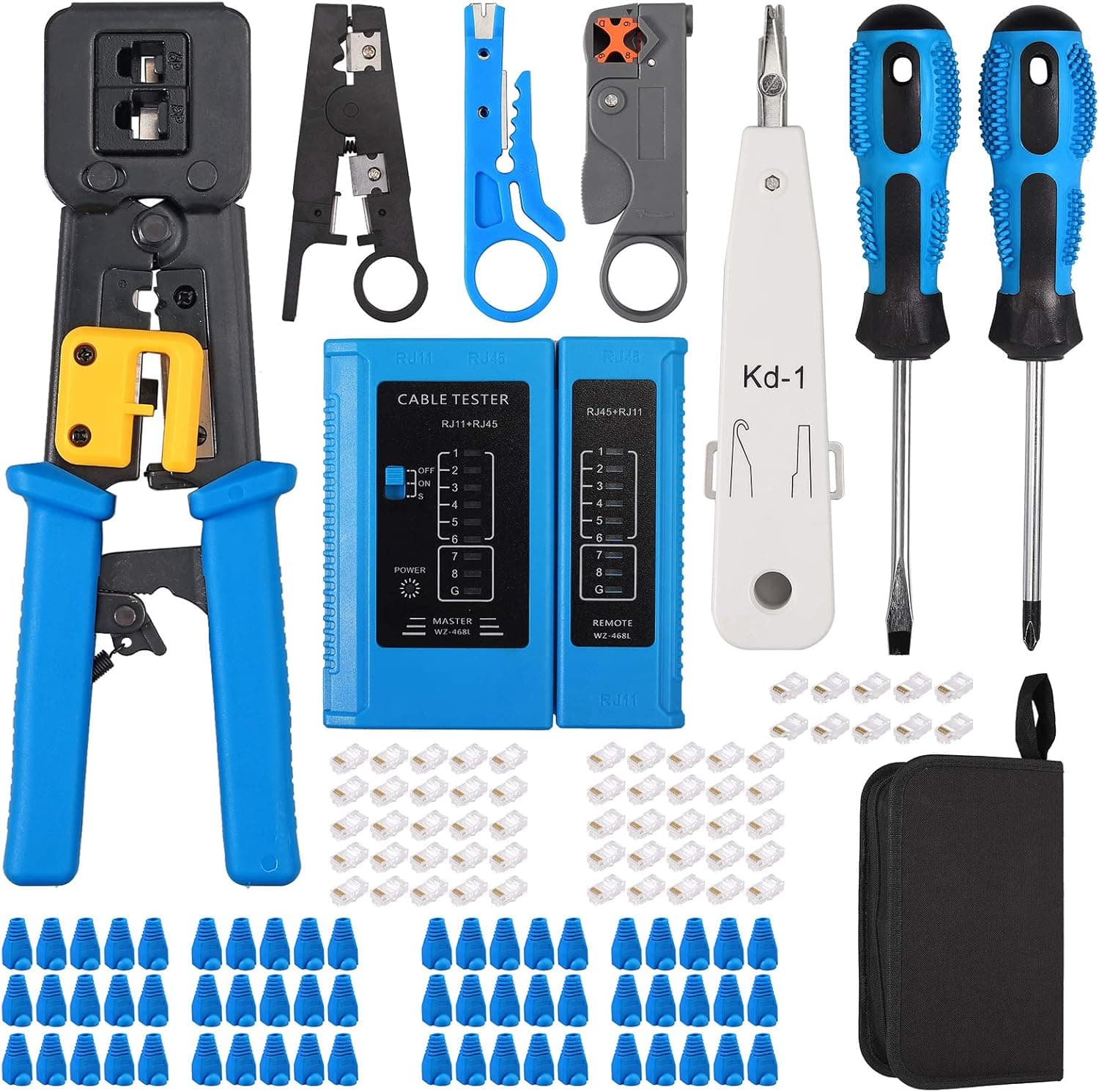 RJ45 Crimping Tool Kit Computer Maintenance LAN Cable Tester Network Repair Tool Set for RJ11/RJ12/CAT5/CAT6/Cat5e with Wire Crimper Wire Connector Stripper Cutter 60PCS Connectors, 50PCS Covers