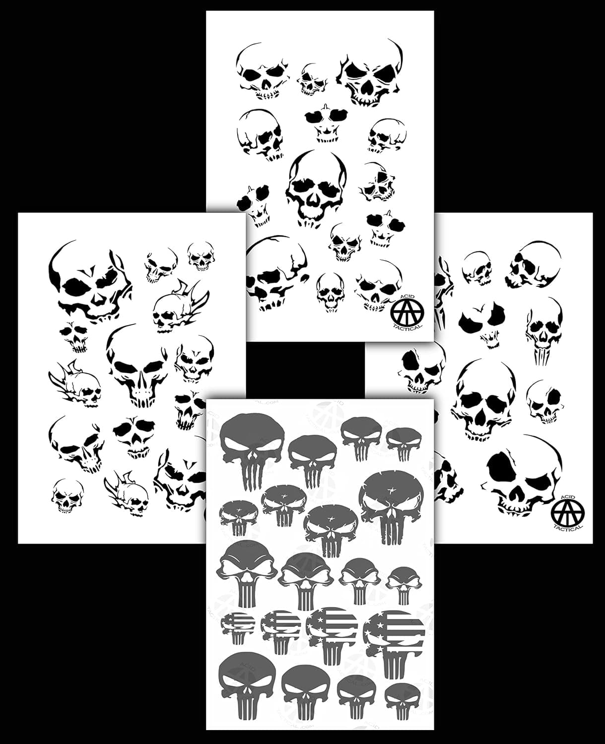 Acid Tactical® 4PK Camouflage Spray Paint Camo Gun Stencils Adhesive & Mylar Assorted Skulls