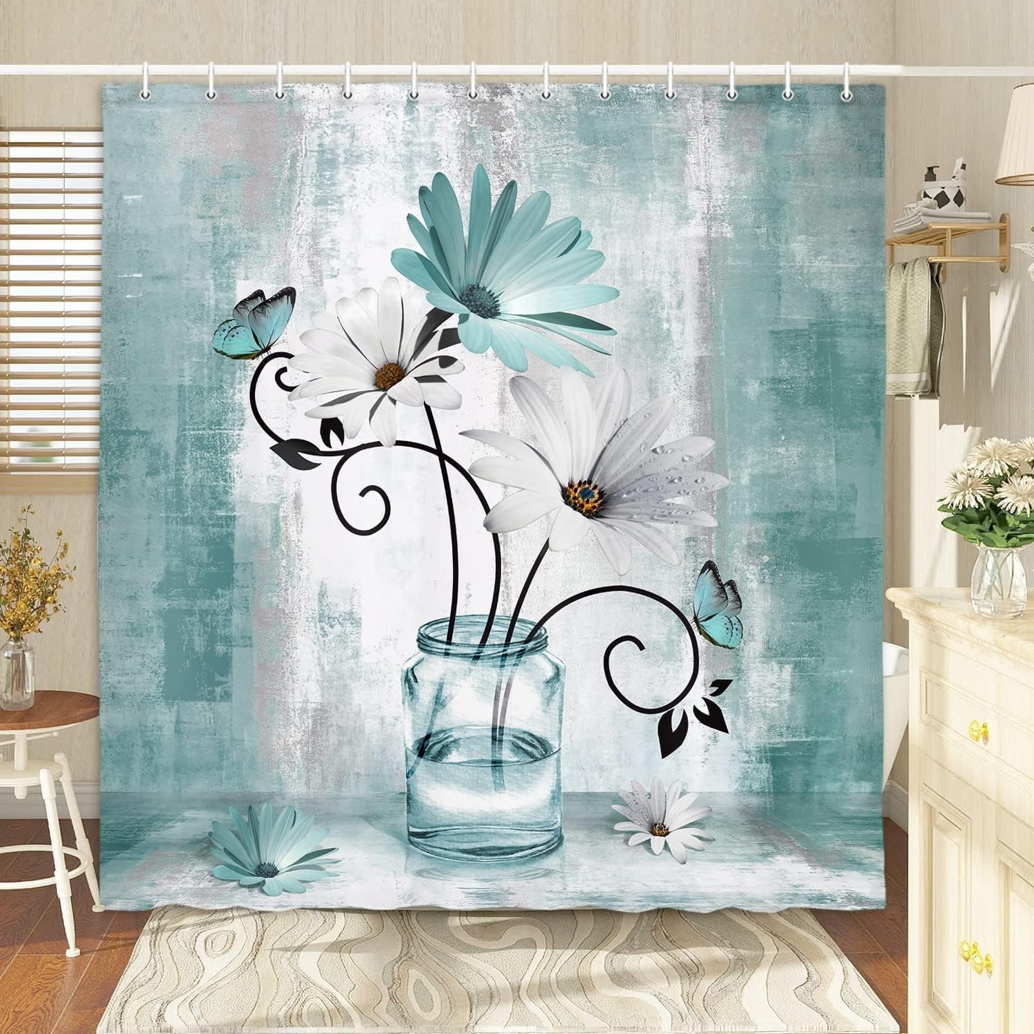 Rustic Farmhouse Floral Shower Curtain, Country Farm Teal Daisy Flowers Butterfly Abstract Shower Curtain Set, Turquoise Blue Shower Curtains Farmhouse Bathroom Accessories with 12PCS Hooks,70X70IN