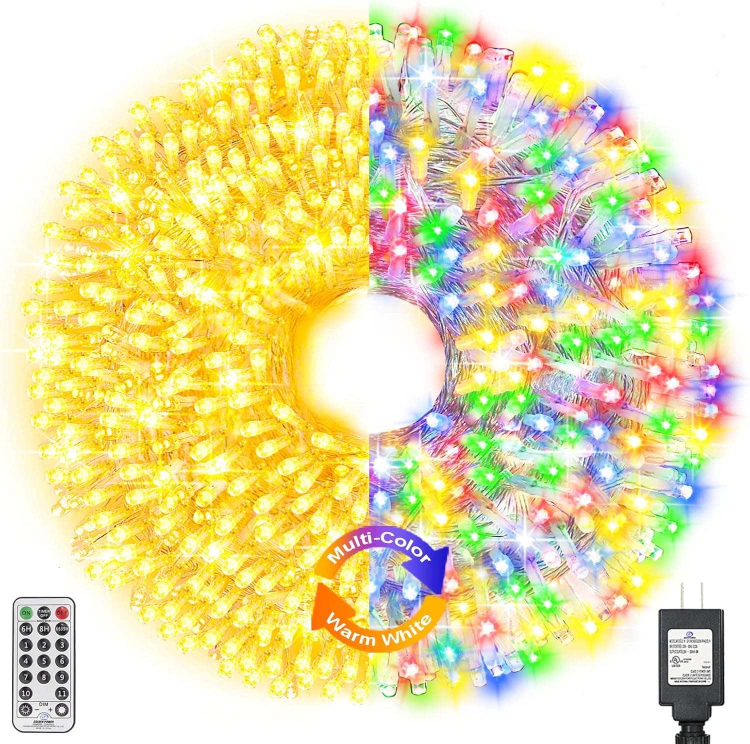Decute 300LED Christmas Tree Lights Outdoor Indoor String Lights 108FT Extendable, 11 Modes 4 Colors(Warm White & 3 Multicolors) Changing Waterproof Twinkle Fairy Lights Party Decor with Timer Remote